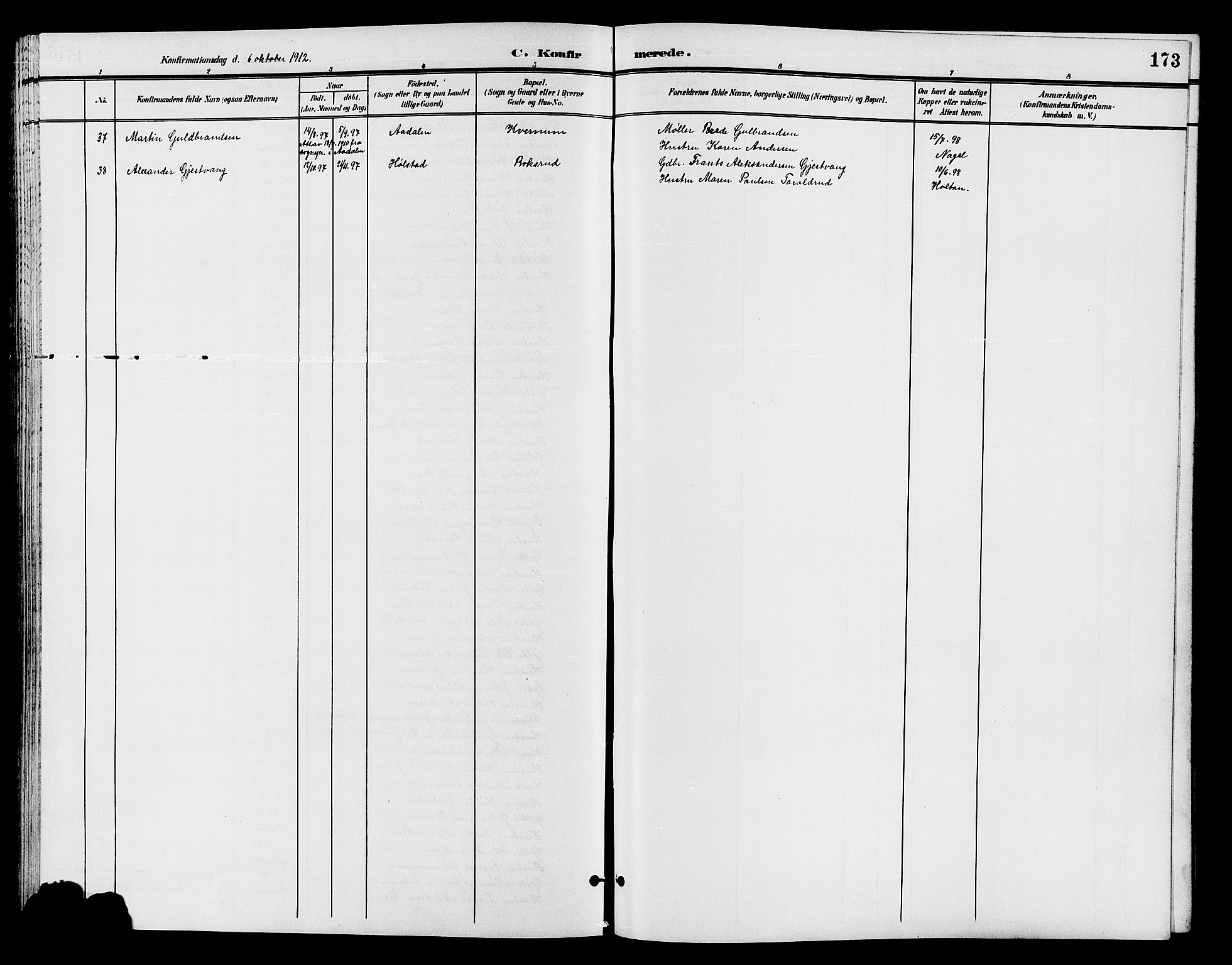 Østre Toten prestekontor, AV/SAH-PREST-104/H/Ha/Hab/L0007: Klokkerbok nr. 7, 1901-1912, s. 173