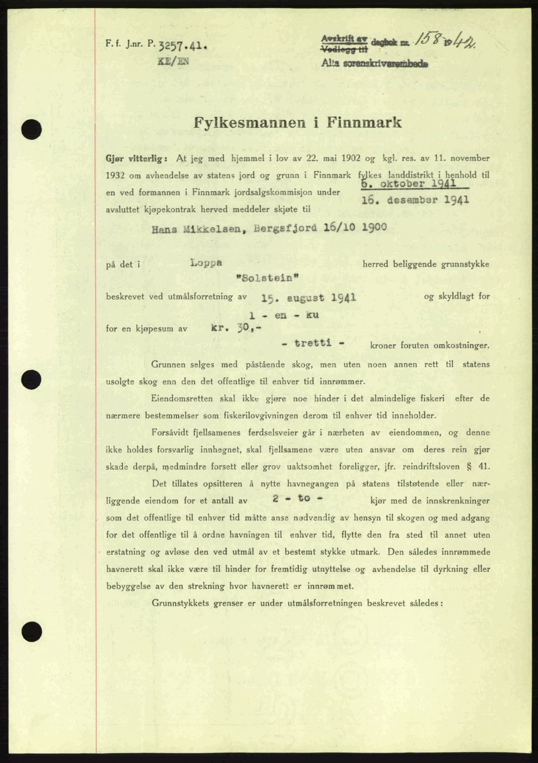 Alta fogderi/sorenskriveri, SATØ/SATØ-5/1/K/Kd/L0033pantebok: Pantebok nr. 33, 1940-1943, Dagboknr: 158/1942