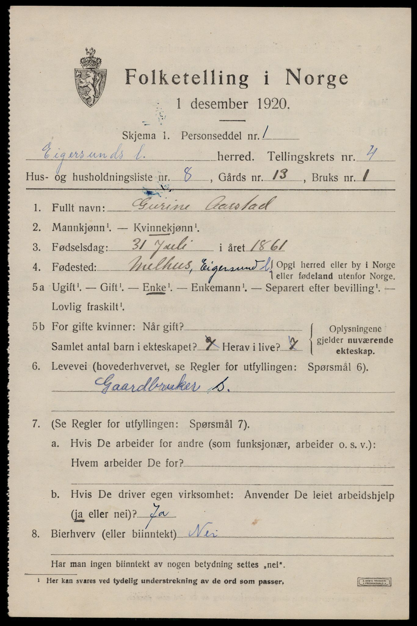 SAST, Folketelling 1920 for 1116 Eigersund herred, 1920, s. 2895