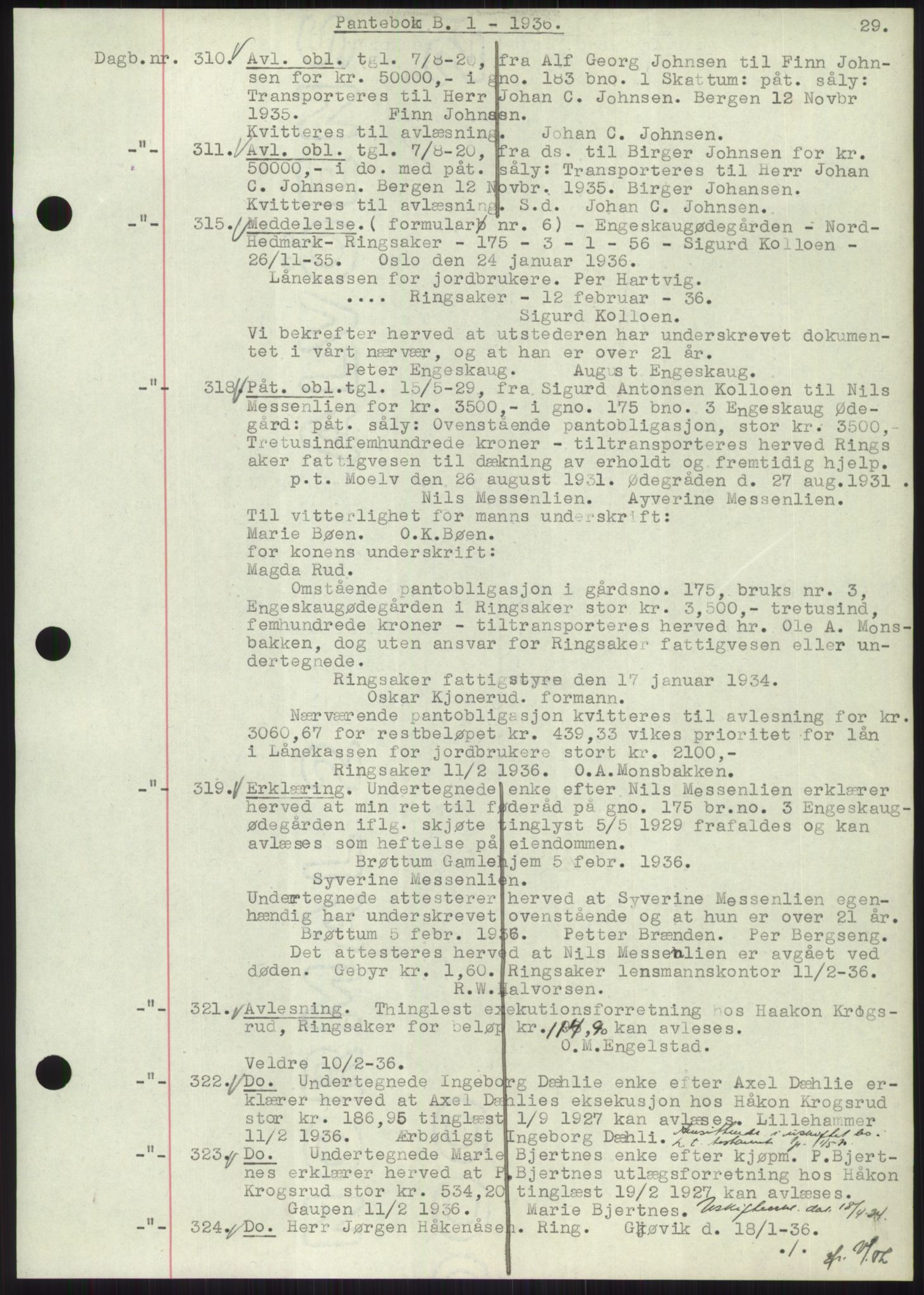 Nord-Hedmark sorenskriveri, SAH/TING-012/H/Hb/Hbf/L0001: Pantebok nr. B1, 1936-1936, Dagboknr: 310/1936