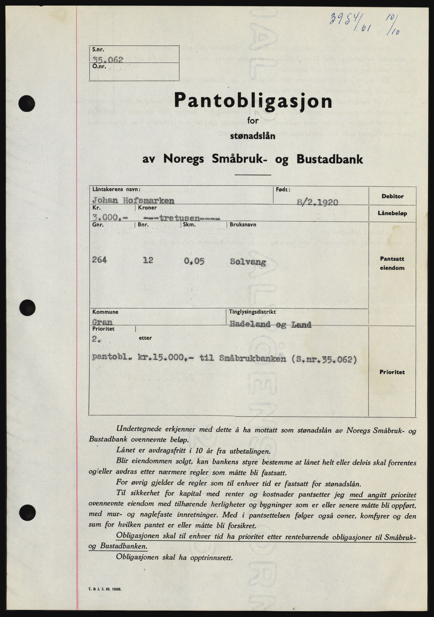 Hadeland og Land tingrett, SAH/TING-010/H/Hb/Hbc/L0047: Pantebok nr. B47, 1961-1962, Dagboknr: 3954/1961