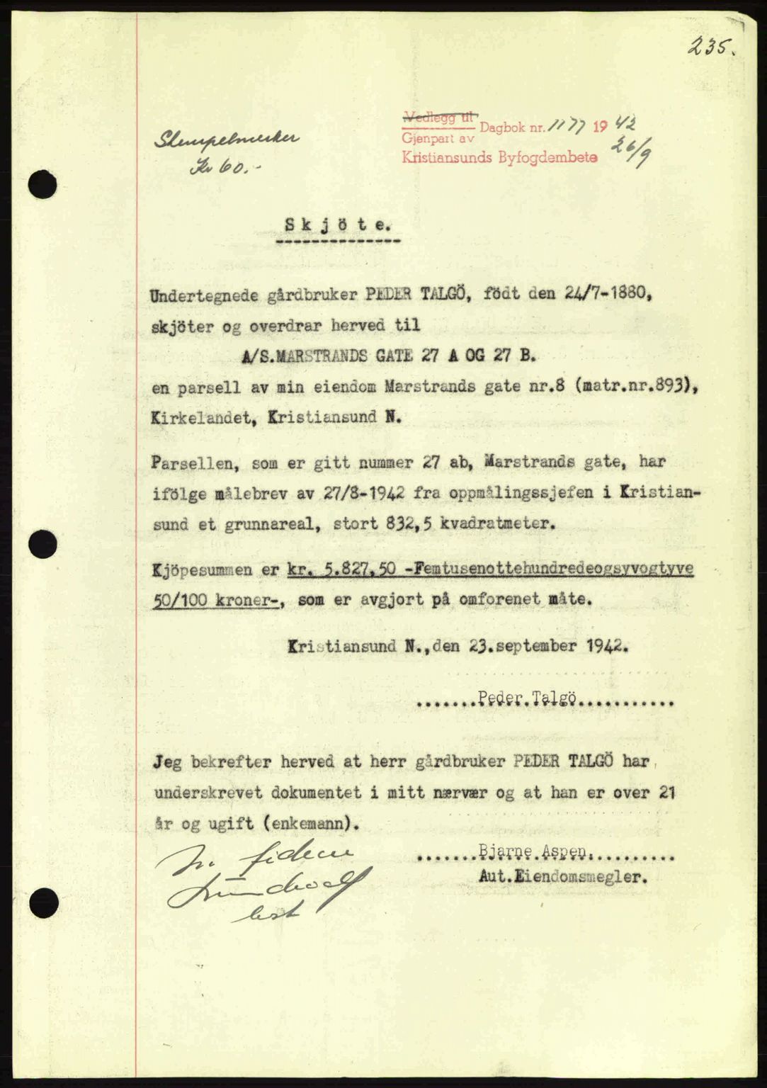 Kristiansund byfogd, AV/SAT-A-4587/A/27: Pantebok nr. 34, 1941-1945, Dagboknr: 1177/1942