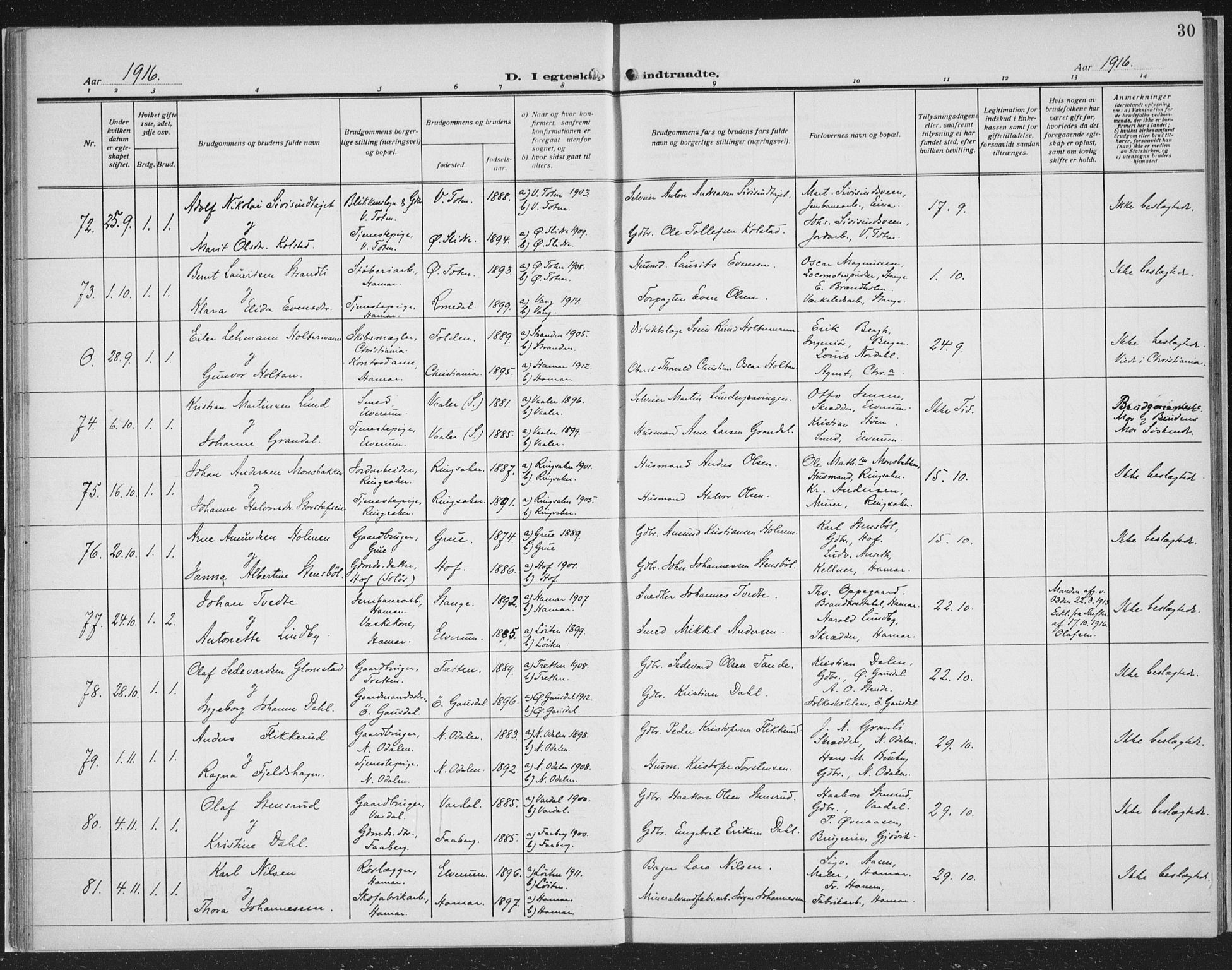Hamar prestekontor, AV/SAH-DOMPH-002/H/Ha/Haa/L0003: Ministerialbok nr. 3, 1913-1930, s. 30