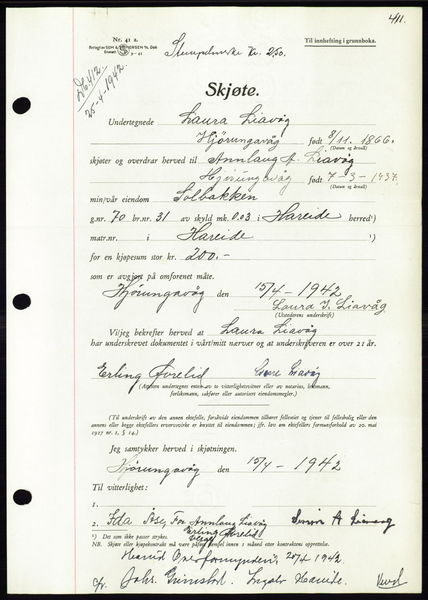 Søre Sunnmøre sorenskriveri, AV/SAT-A-4122/1/2/2C/L0073: Pantebok nr. 67, 1941-1942, Dagboknr: 412/1942