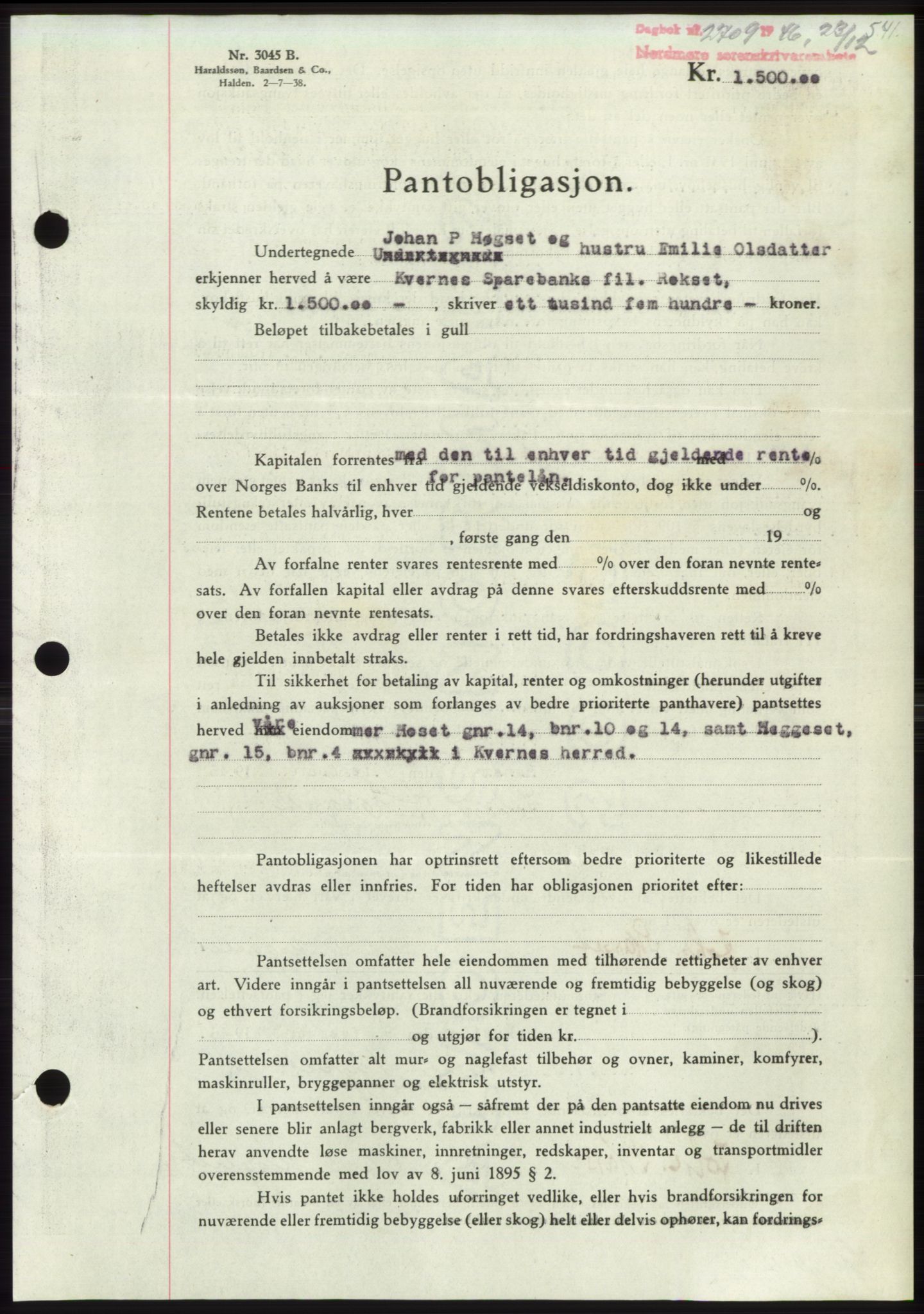 Nordmøre sorenskriveri, SAT/A-4132/1/2/2Ca: Pantebok nr. B95, 1946-1947, Dagboknr: 2709/1946