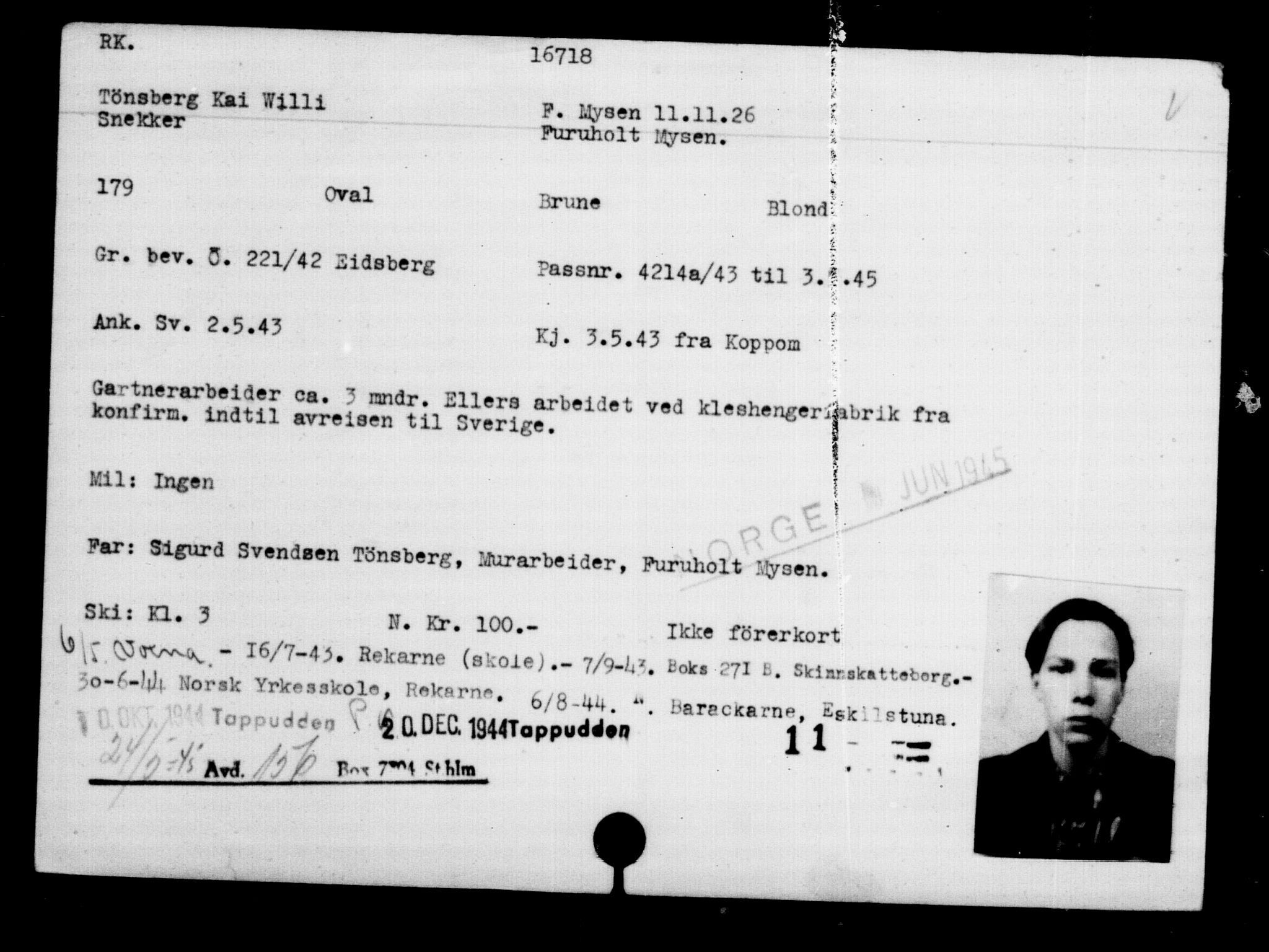 Utenriksstasjonene, Legasjonen i Stockholm, Flyktningkontoret, AV/RA-S-6753/V/Va/L0008: Kjesäterkartoteket, flyktninger med registreringsnr. 15700-18547, 1940-1945, s. 1107