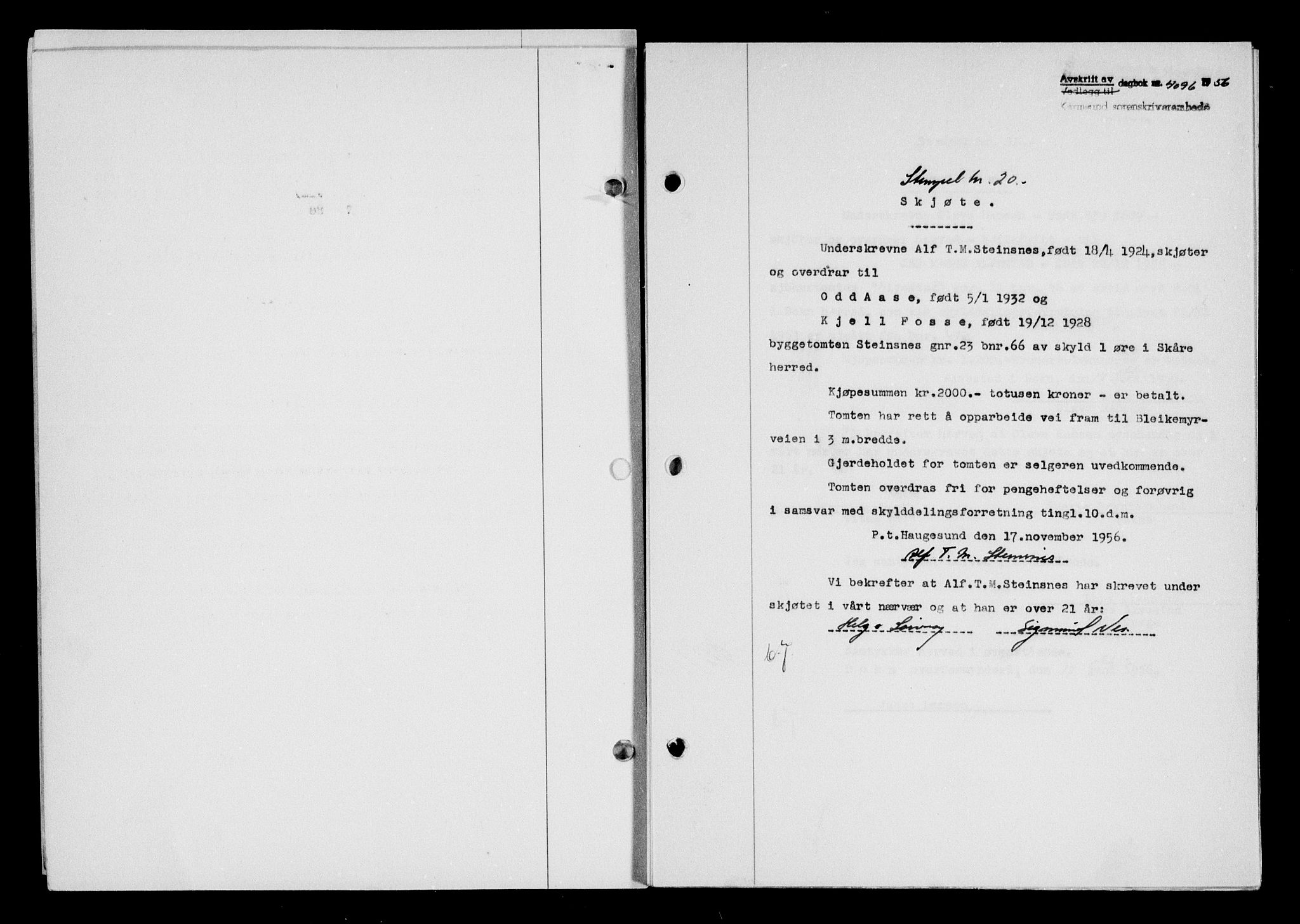 Karmsund sorenskriveri, SAST/A-100311/01/II/IIB/L0122: Pantebok nr. 102A, 1956-1956, Dagboknr: 4096/1956