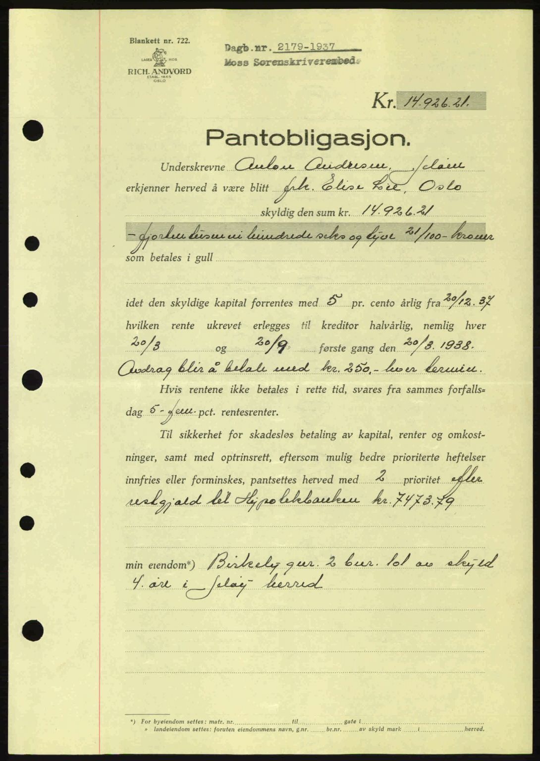 Moss sorenskriveri, SAO/A-10168: Pantebok nr. B4, 1937-1938, Dagboknr: 2179/1937
