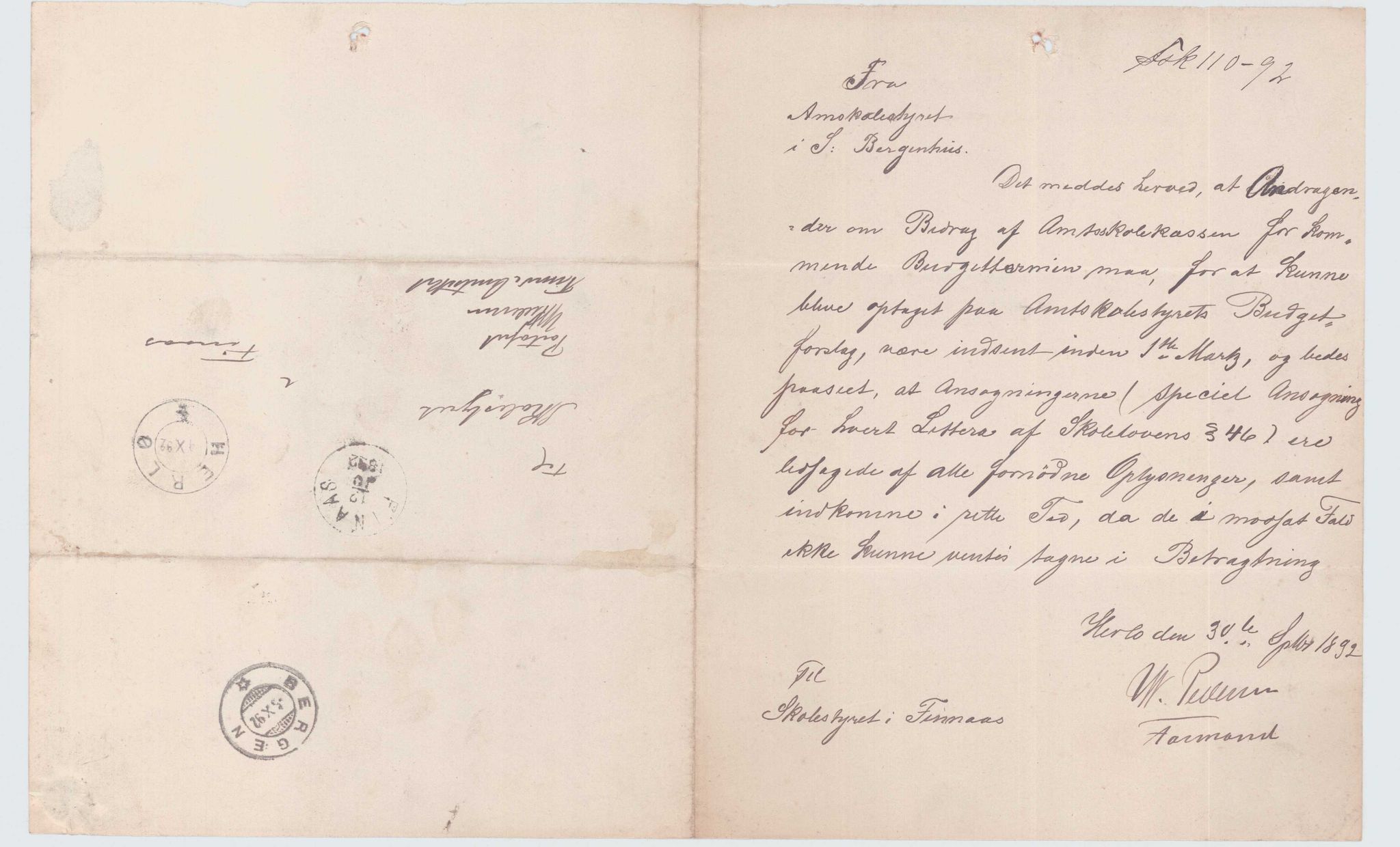 Finnaas kommune. Skulestyret, IKAH/1218a-211/D/Da/L0001/0002: Kronologisk ordna korrespondanse / Kronologisk ordna korrespondanse , 1890-1892, s. 132