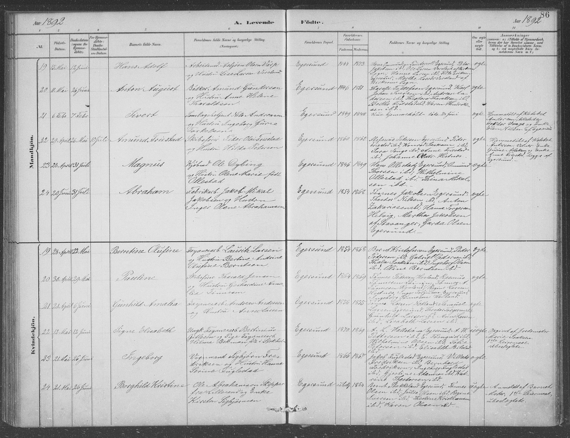 Eigersund sokneprestkontor, AV/SAST-A-101807/S09/L0008: Klokkerbok nr. B 8, 1882-1892, s. 86