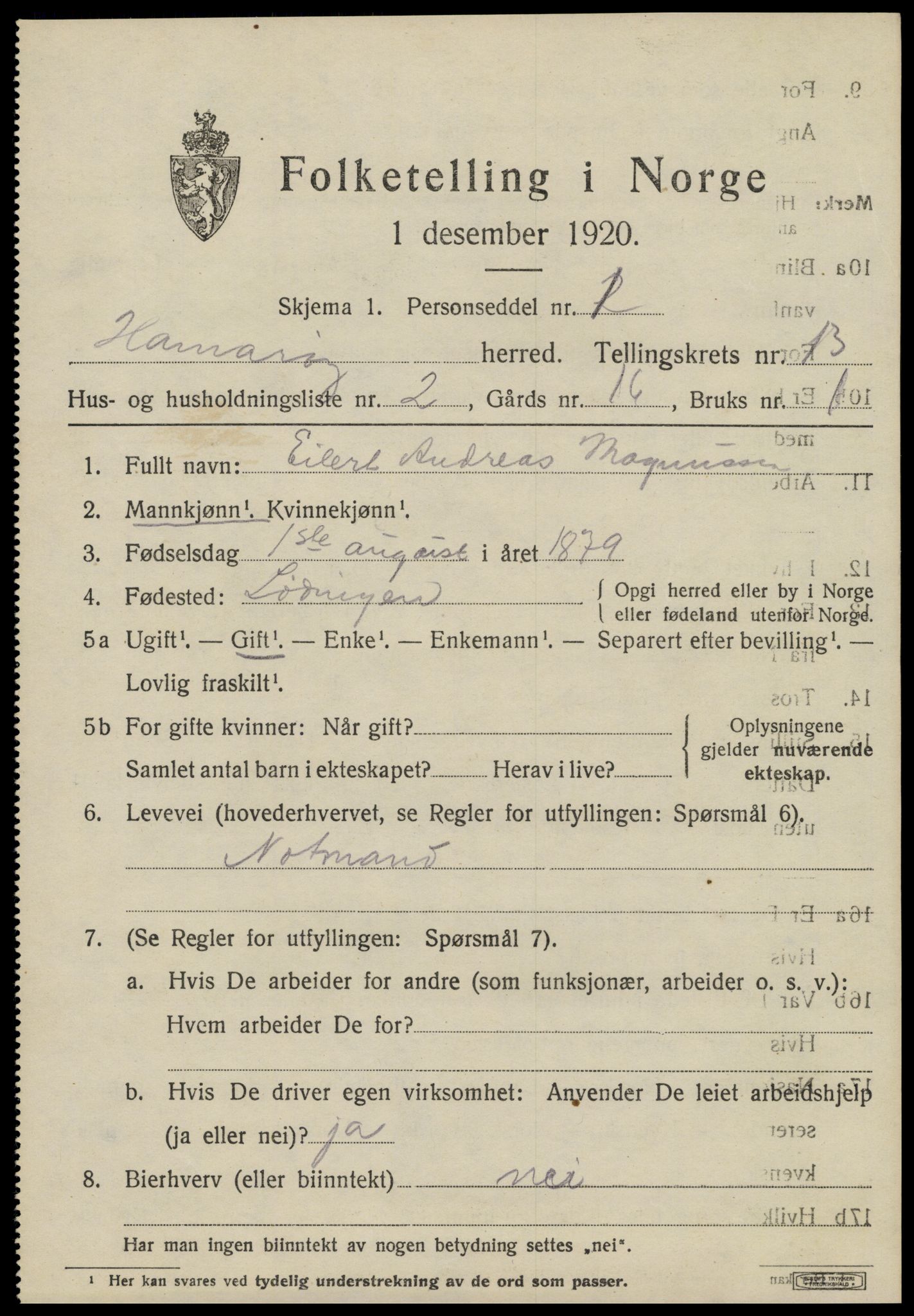 SAT, Folketelling 1920 for 1849 Hamarøy herred, 1920, s. 6090