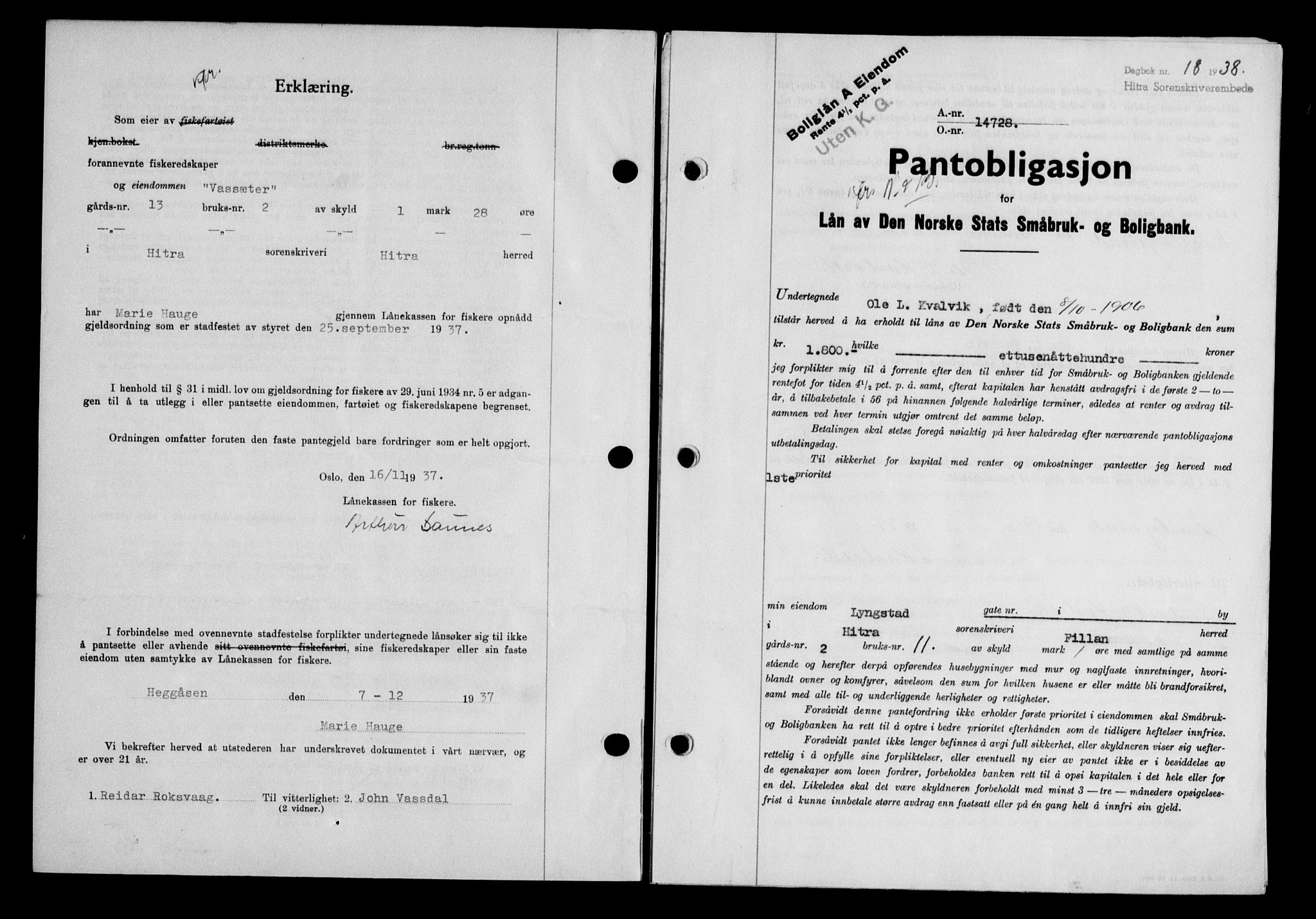 Hitra sorenskriveri, AV/SAT-A-0018/2/2C/2Ca/L0028: Pantebok nr. B-1, 1936-1939, Dagboknr: 18/1938