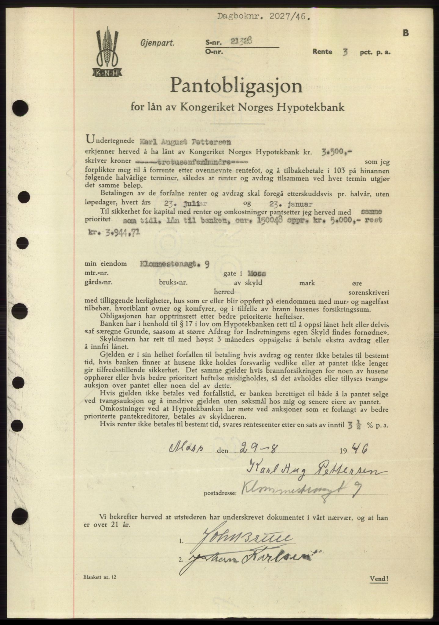 Moss sorenskriveri, SAO/A-10168: Pantebok nr. B15, 1946-1946, Dagboknr: 2027/1946