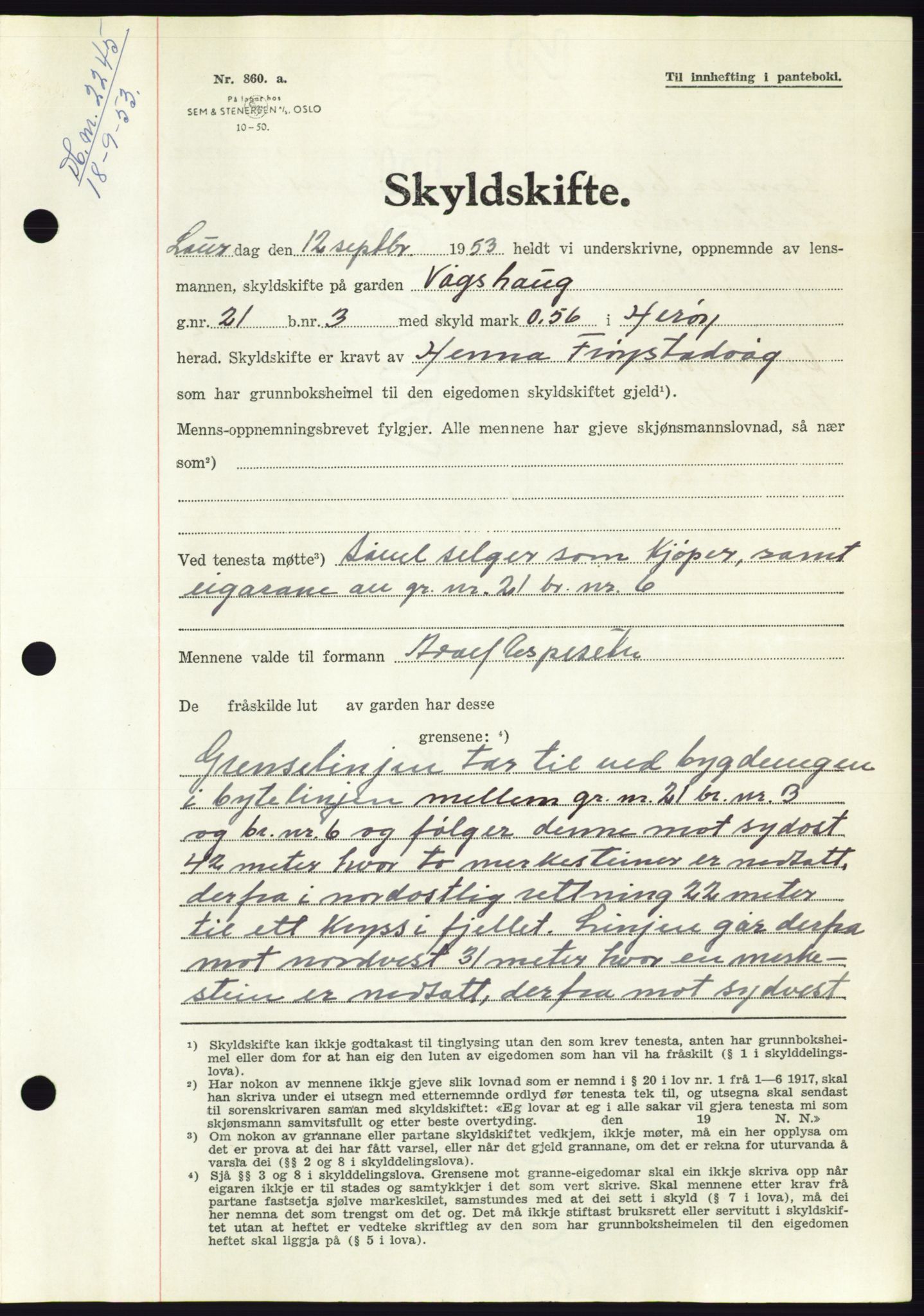 Søre Sunnmøre sorenskriveri, AV/SAT-A-4122/1/2/2C/L0095: Pantebok nr. 21A, 1953-1953, Dagboknr: 2245/1953