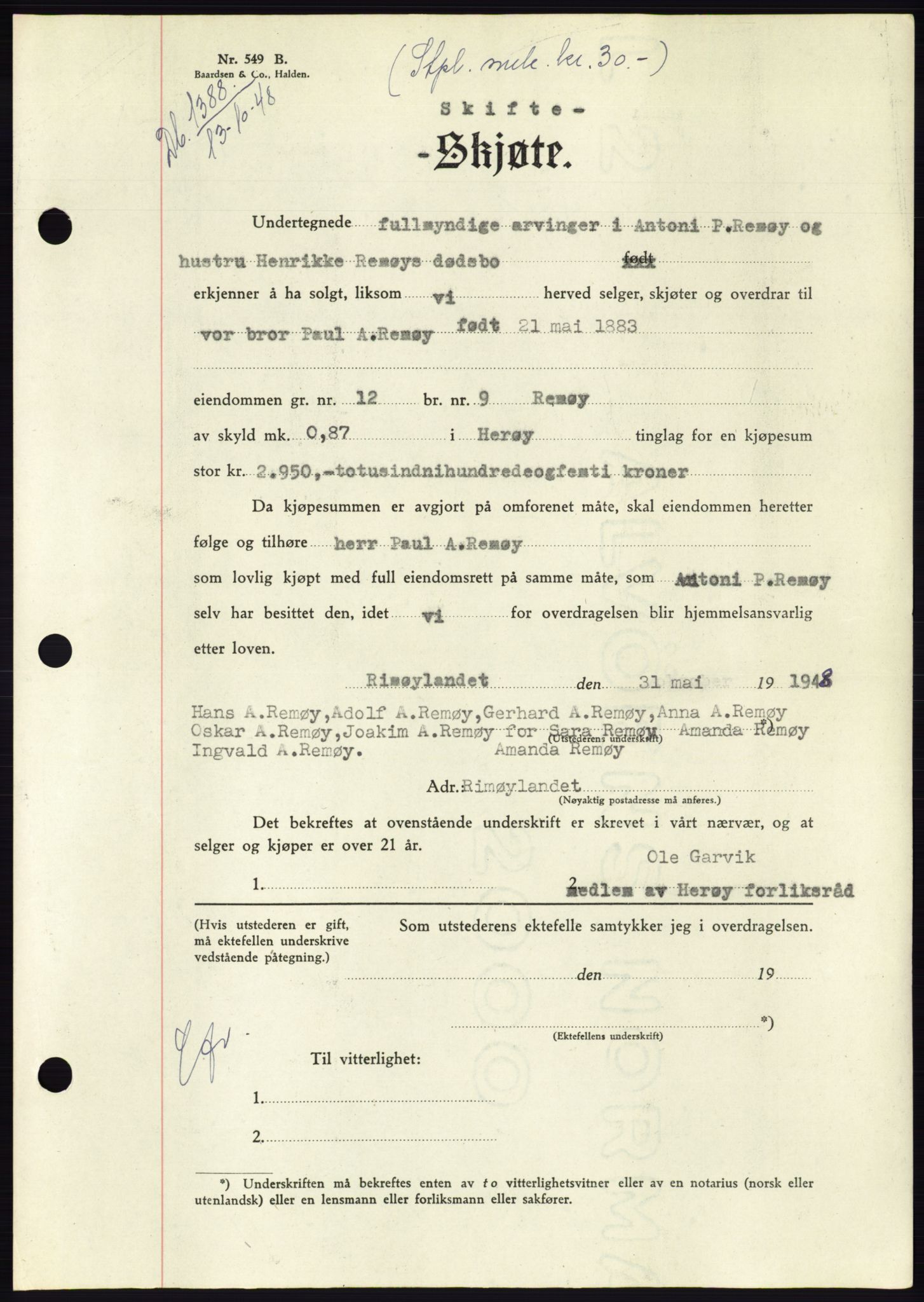 Søre Sunnmøre sorenskriveri, AV/SAT-A-4122/1/2/2C/L0083: Pantebok nr. 9A, 1948-1949, Dagboknr: 1388/1948