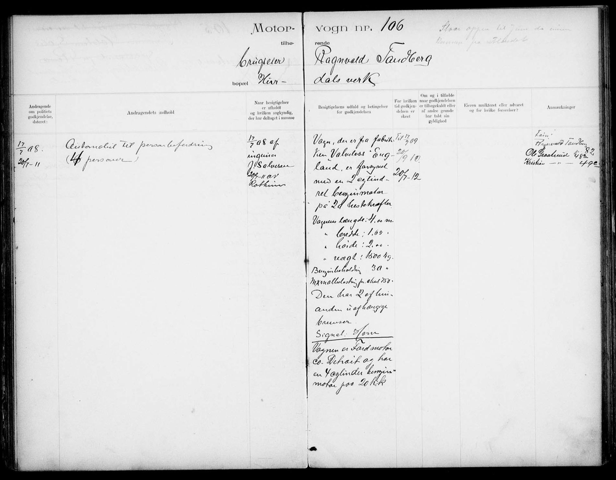 Vegdirektoratet, Bilavdelingen M, AV/RA-S-1663/F/Fa/L0001: Bilregisterprotokoll. Reg.nr. 1-199 og 300-310, 1899-1914