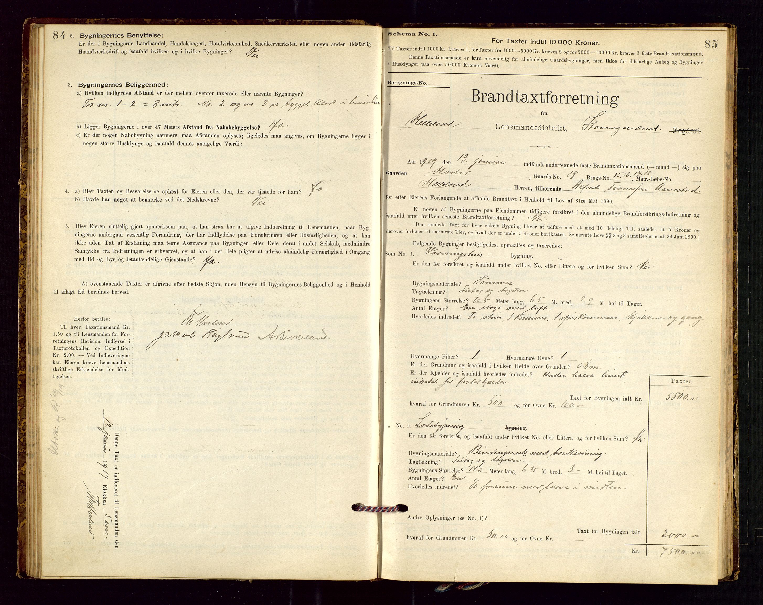 Helleland lensmannskontor, SAST/A-100209/Gob/L0001: "Brandtaxationsprotokol", 1896-1919, s. 84-85