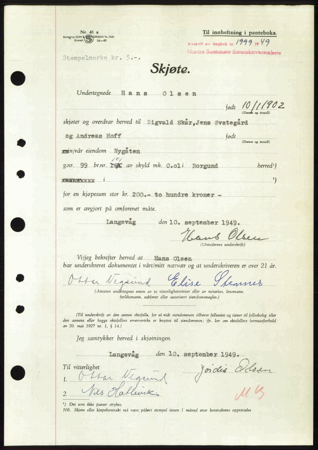 Nordre Sunnmøre sorenskriveri, AV/SAT-A-0006/1/2/2C/2Ca: Pantebok nr. A32, 1949-1949, Dagboknr: 1999/1949