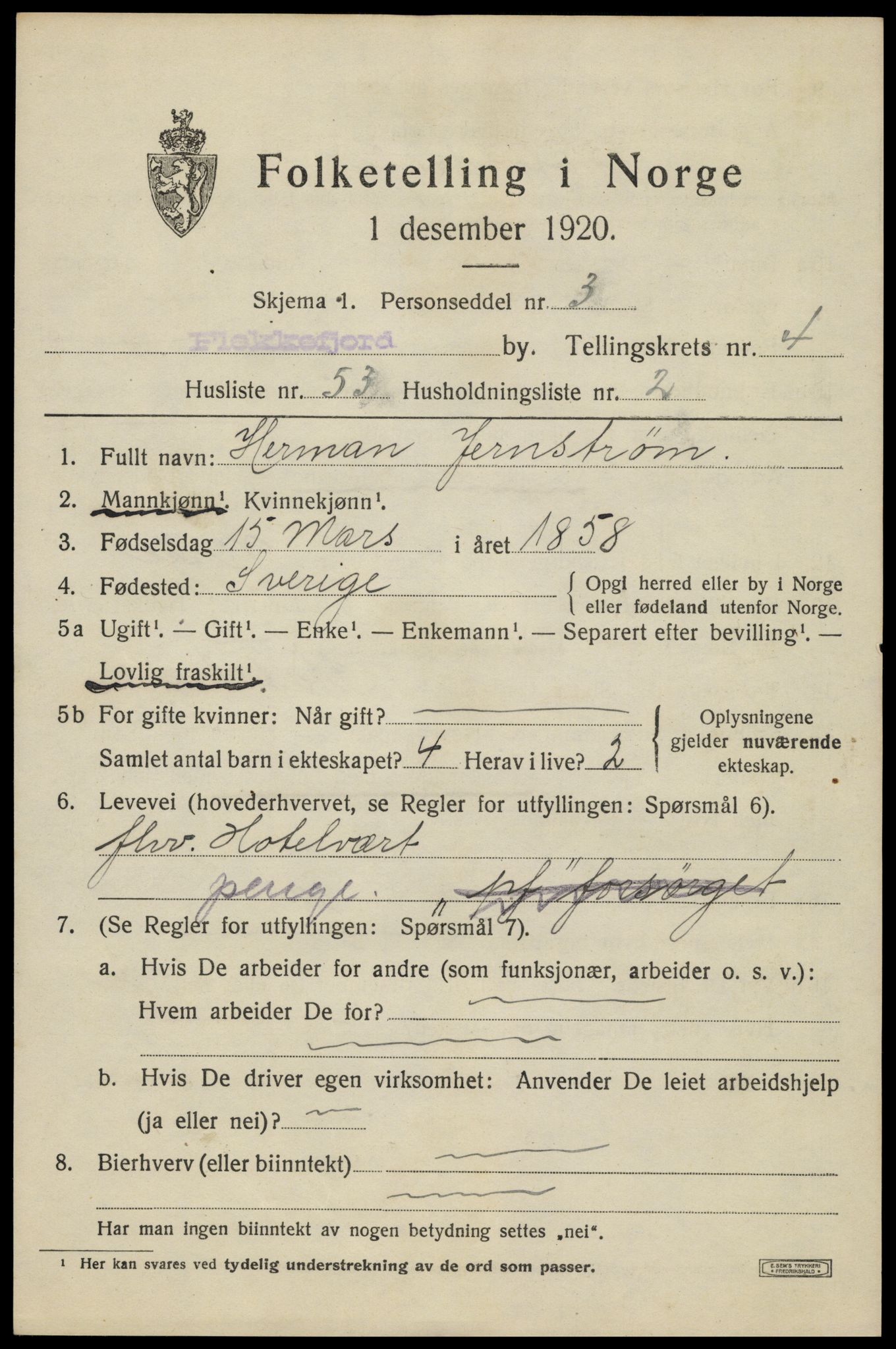 SAK, Folketelling 1920 for 1004 Flekkefjord kjøpstad, 1920, s. 5120