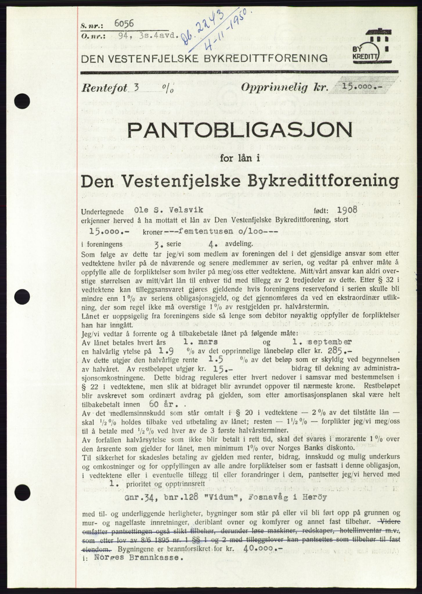 Søre Sunnmøre sorenskriveri, AV/SAT-A-4122/1/2/2C/L0119: Pantebok nr. 7B, 1950-1951, Dagboknr: 2243/1950