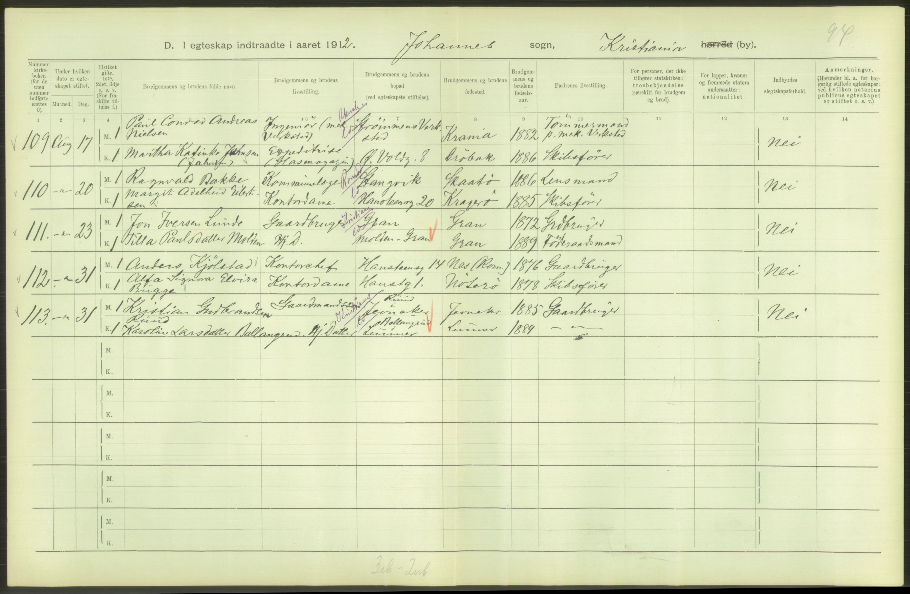 Statistisk sentralbyrå, Sosiodemografiske emner, Befolkning, AV/RA-S-2228/D/Df/Dfb/Dfbb/L0008: Kristiania: Gifte, 1912, s. 684