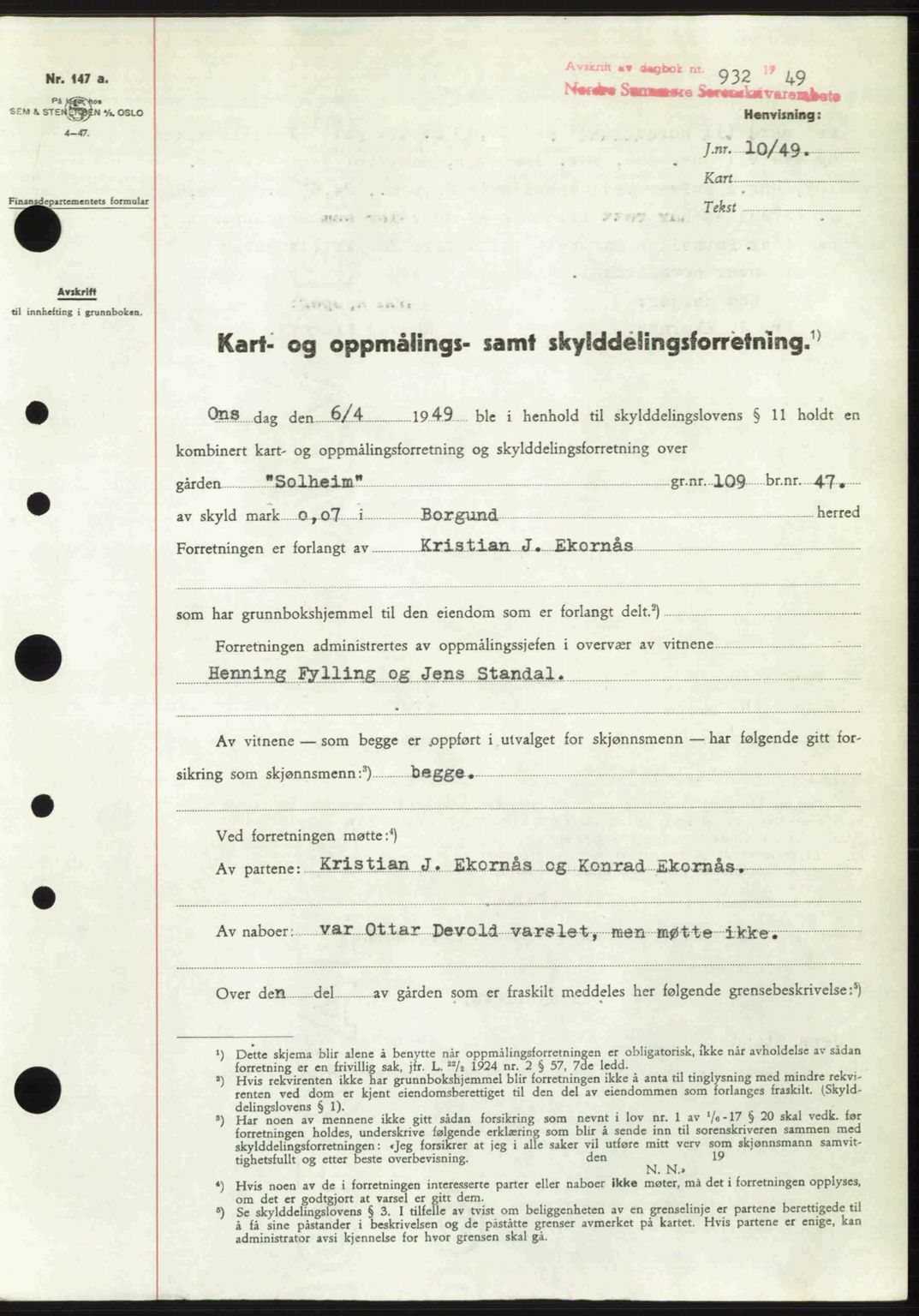 Nordre Sunnmøre sorenskriveri, SAT/A-0006/1/2/2C/2Ca: Pantebok nr. A30, 1949-1949, Dagboknr: 932/1949