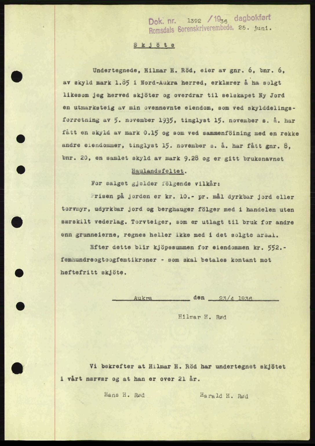 Romsdal sorenskriveri, SAT/A-4149/1/2/2C: Pantebok nr. A1, 1936-1936, Dagboknr: 1392/1936