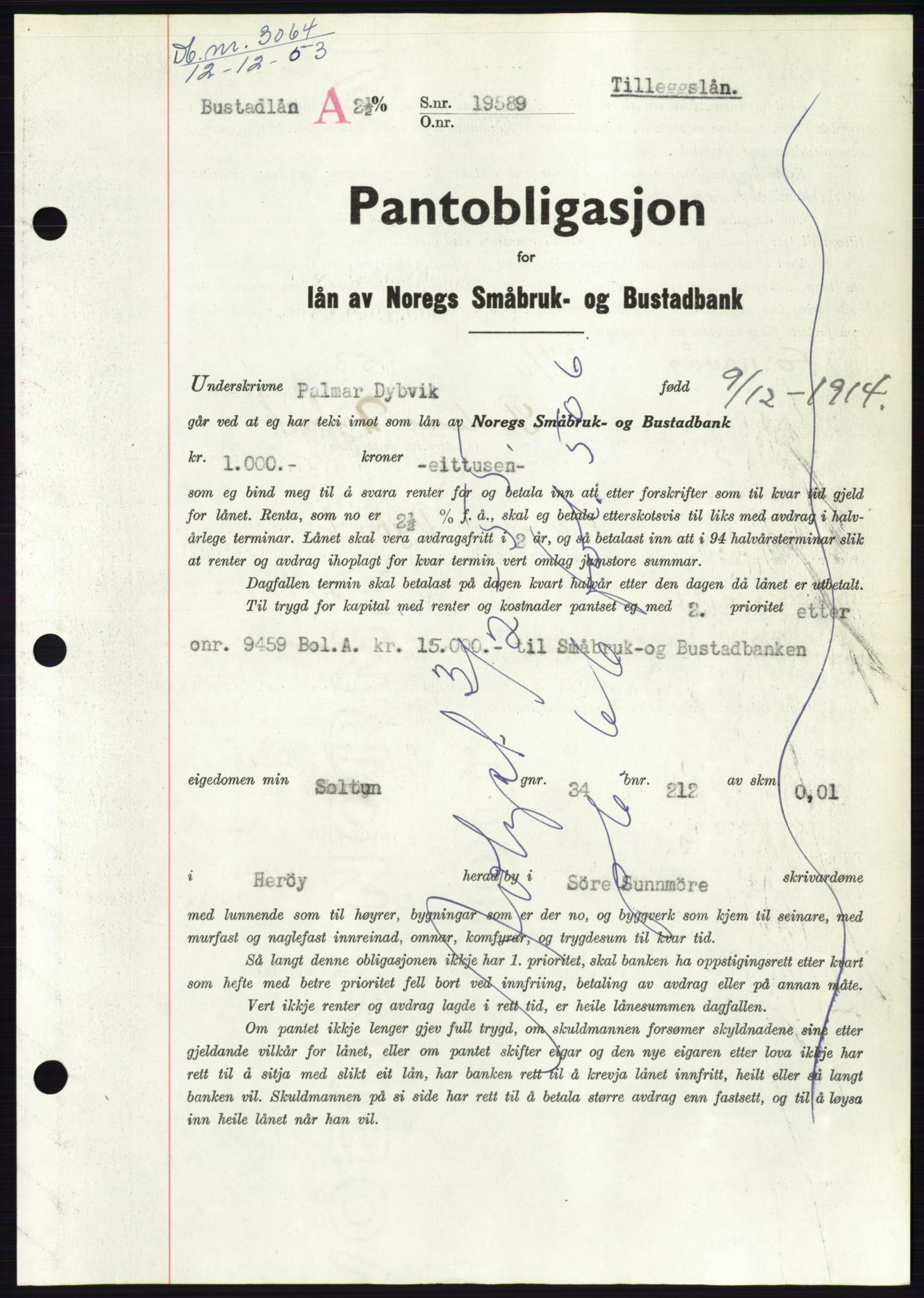 Søre Sunnmøre sorenskriveri, AV/SAT-A-4122/1/2/2C/L0124: Pantebok nr. 12B, 1953-1954, Dagboknr: 3064/1953