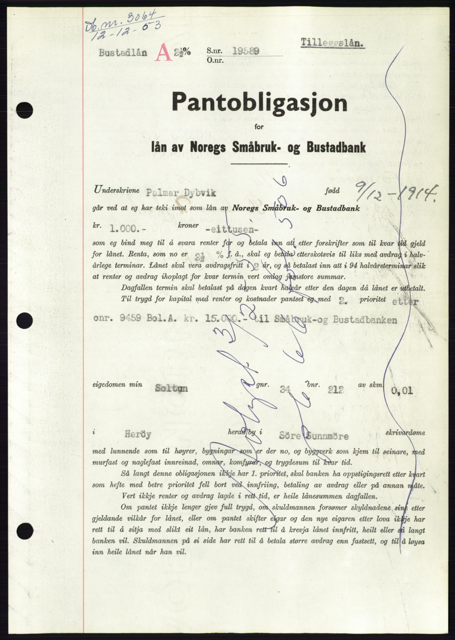 Søre Sunnmøre sorenskriveri, SAT/A-4122/1/2/2C/L0124: Pantebok nr. 12B, 1953-1954, Dagboknr: 3064/1953