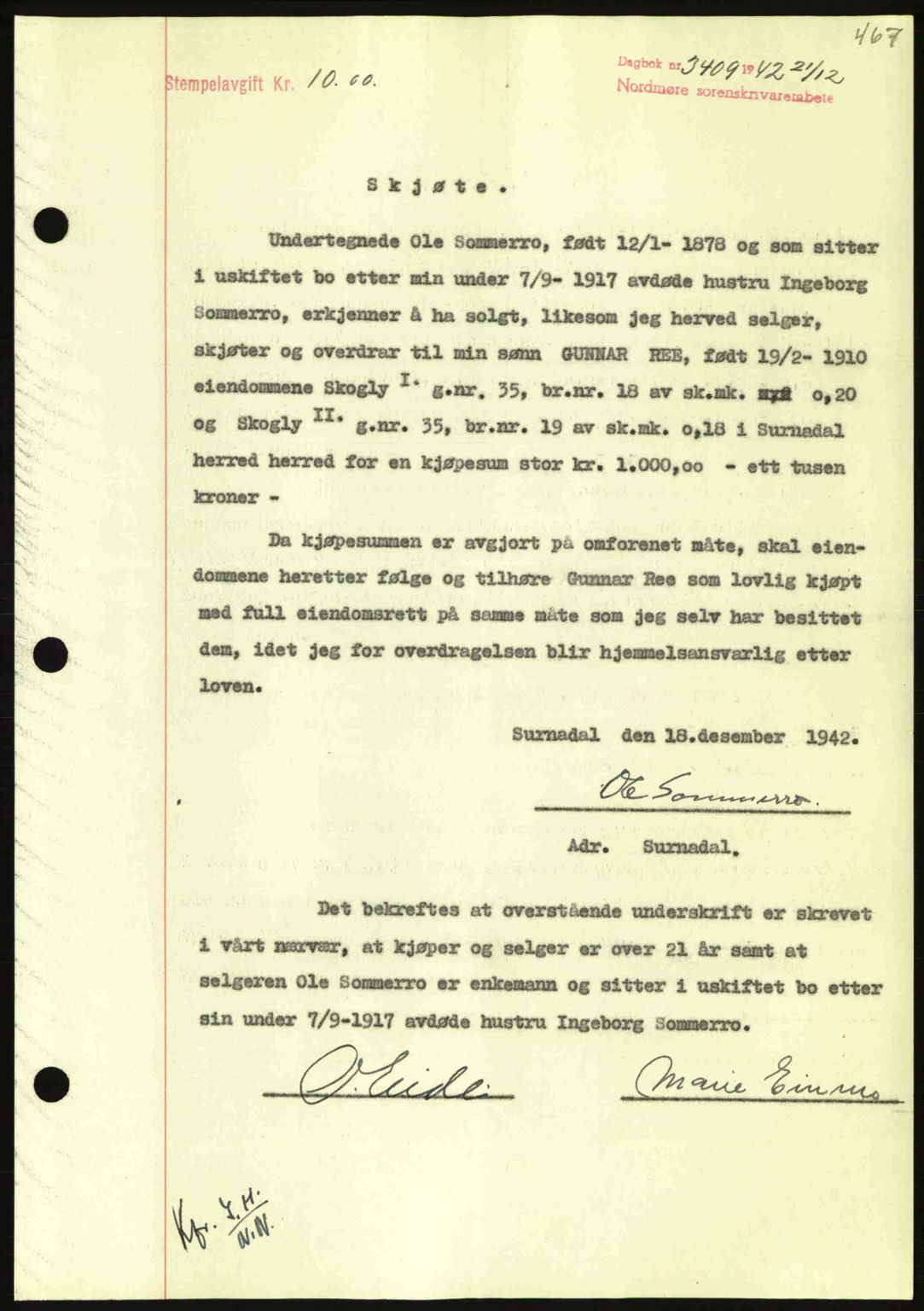 Nordmøre sorenskriveri, AV/SAT-A-4132/1/2/2Ca: Pantebok nr. A94, 1942-1943, Dagboknr: 3409/1942