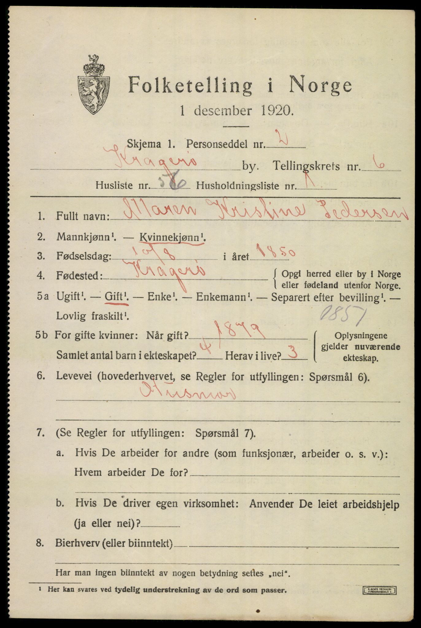 SAKO, Folketelling 1920 for 0801 Kragerø kjøpstad, 1920, s. 9701