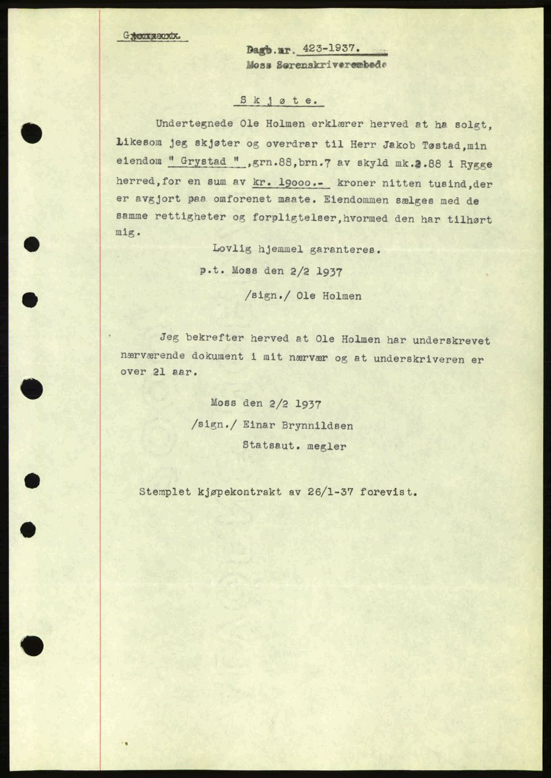 Moss sorenskriveri, SAO/A-10168: Pantebok nr. A2, 1936-1937, Dagboknr: 423/1936