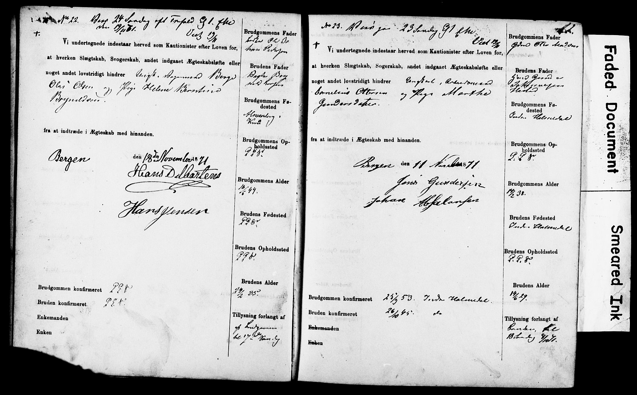 Korskirken sokneprestembete, AV/SAB-A-76101: Forlovererklæringer nr. II.5.4, 1871-1878, s. 12