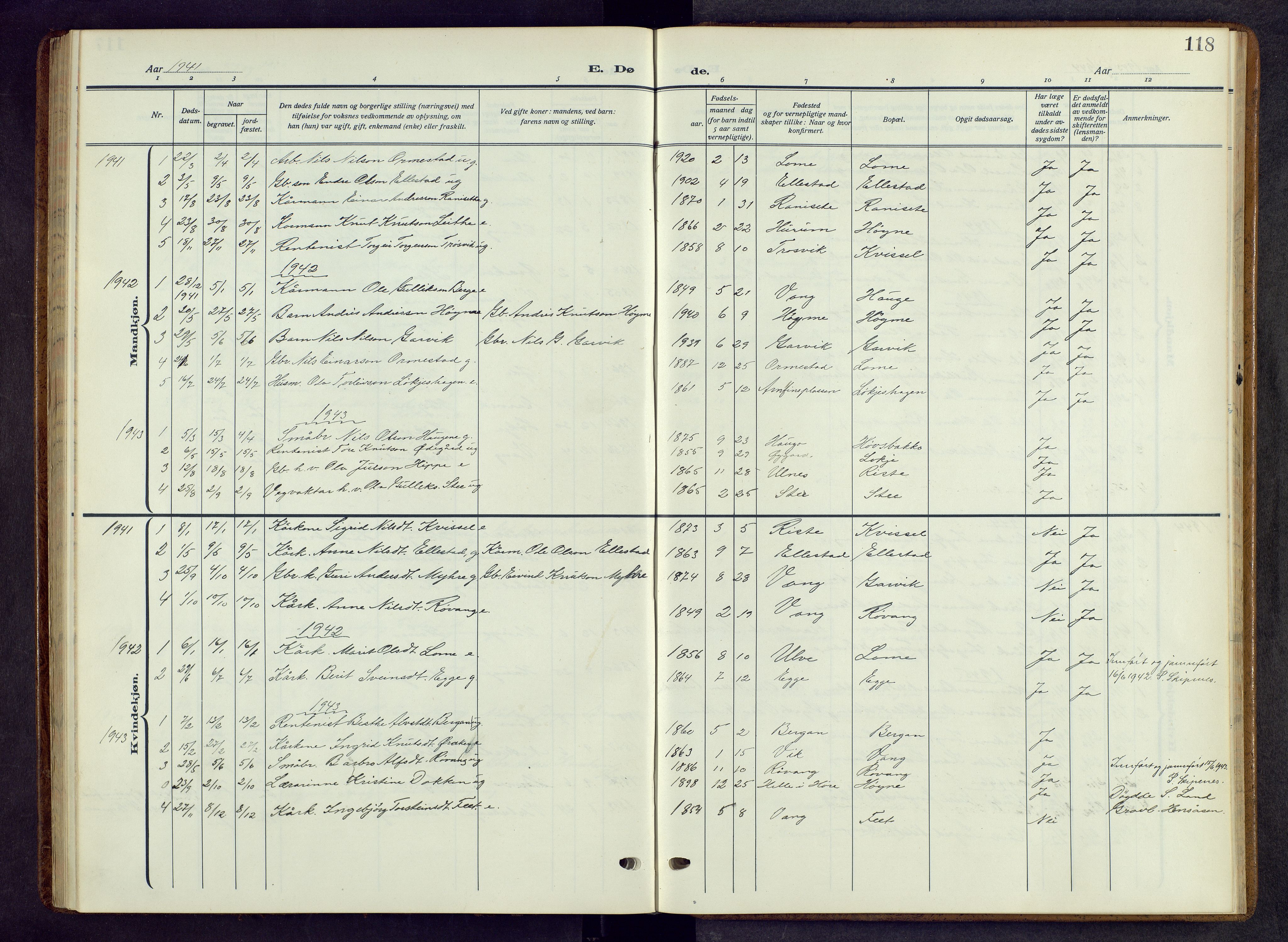 Vestre Slidre prestekontor, AV/SAH-PREST-136/H/Ha/Hab/L0009: Klokkerbok nr. 9, 1914-1970, s. 118