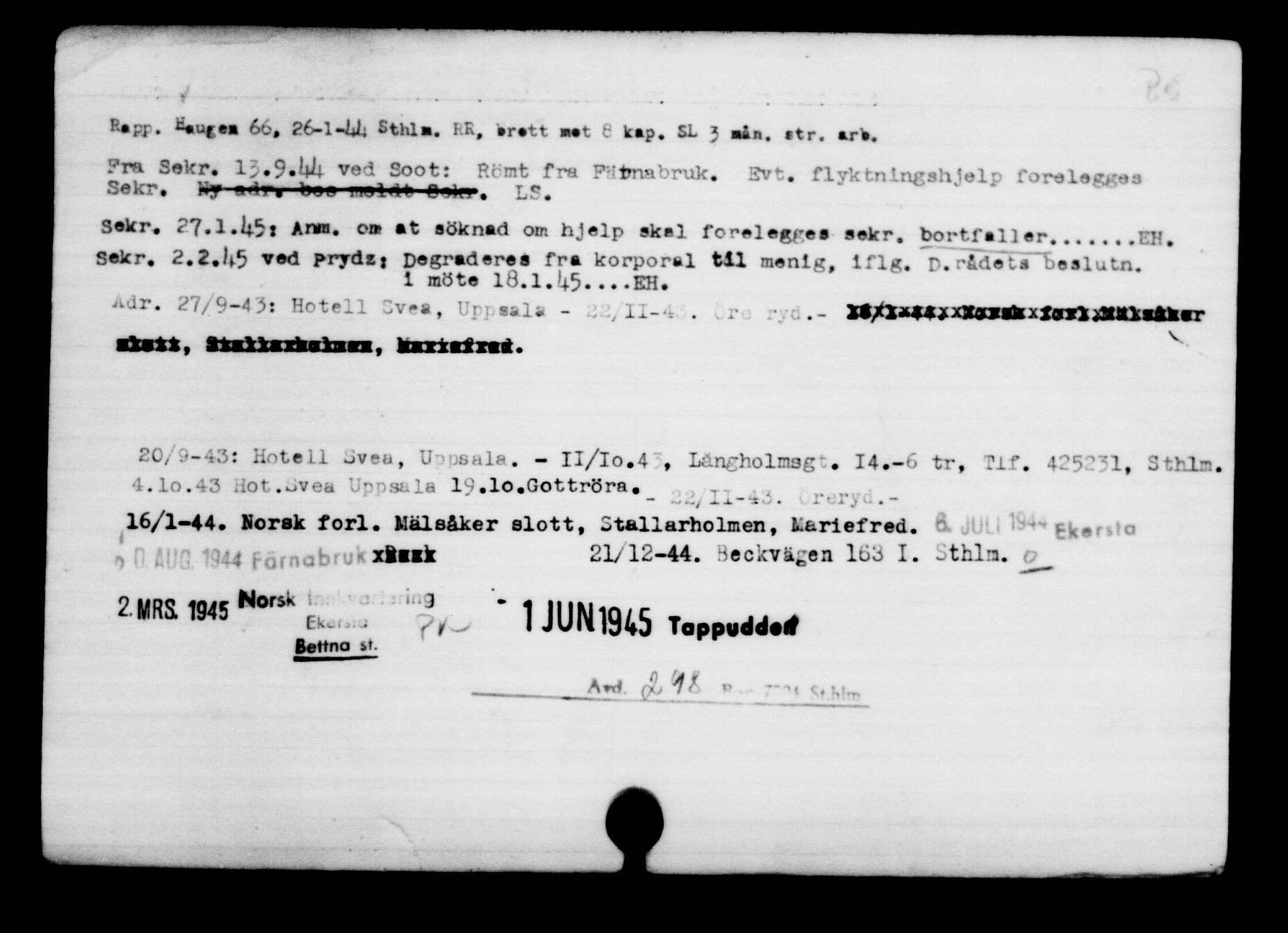Utenriksstasjonene, Legasjonen i Stockholm, Flyktningkontoret, AV/RA-S-6753/V/Va/L0001: Kjesäterkartoteket, flyktninger med registreringsnr. 1-1000, 1940-1945, s. 1408
