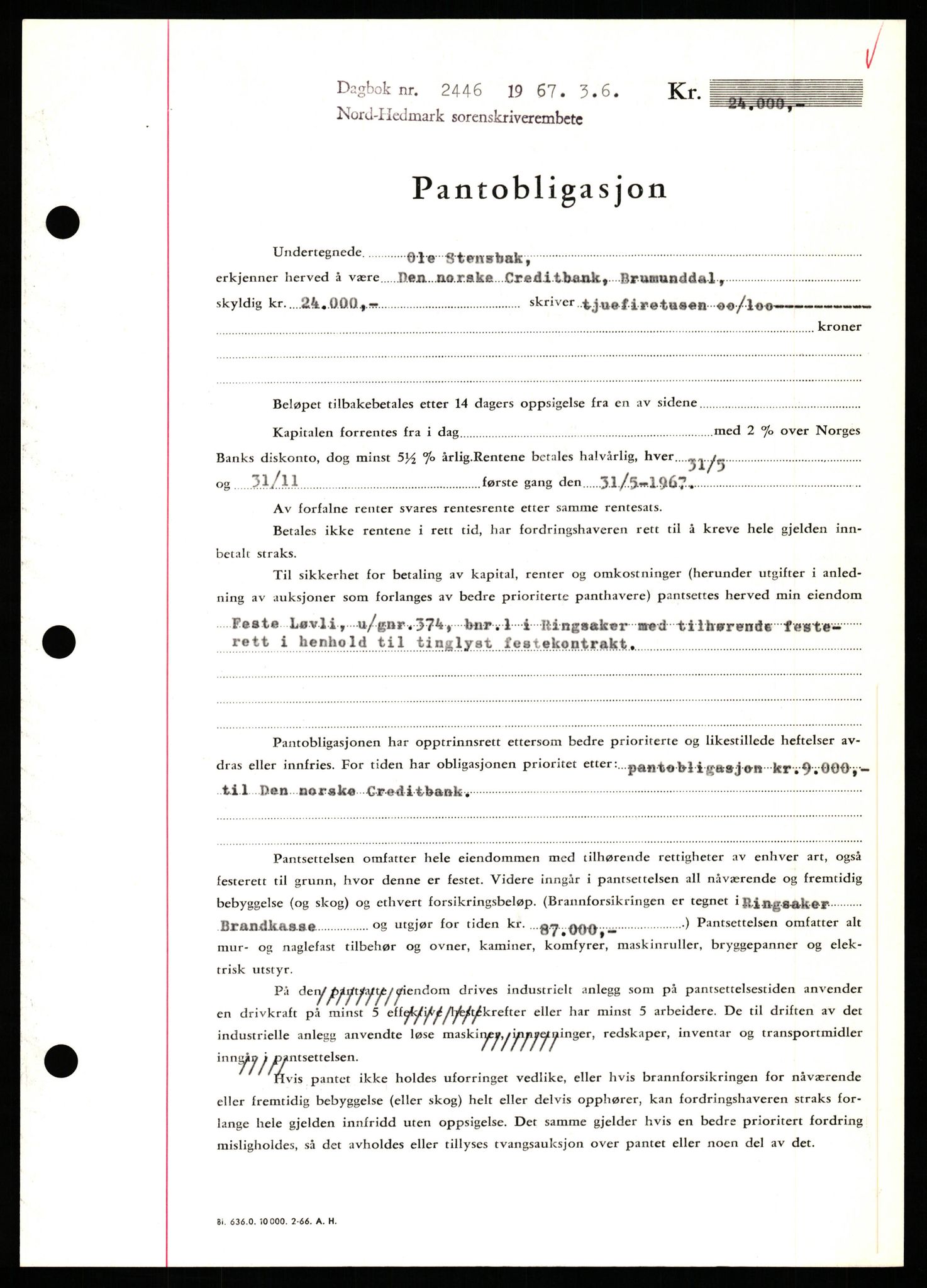 Nord-Hedmark sorenskriveri, SAH/TING-012/H/Hb/Hbf/L0071: Pantebok nr. B71, 1967-1967, Dagboknr: 2446/1967