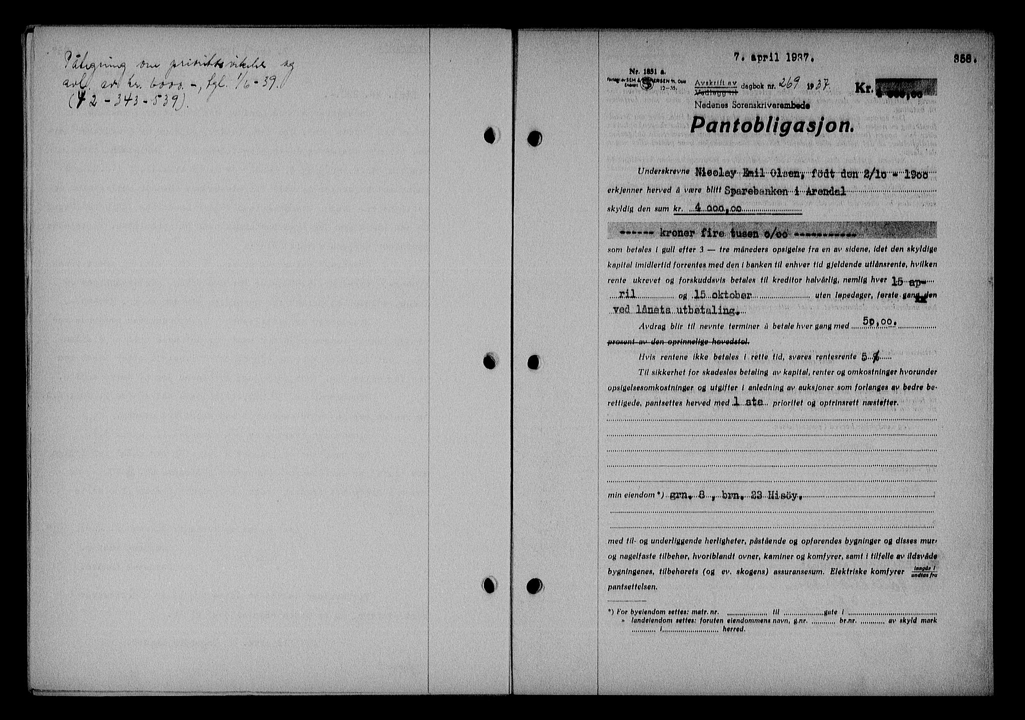 Nedenes sorenskriveri, AV/SAK-1221-0006/G/Gb/Gba/L0043: Pantebok nr. 39, 1936-1937, Dagboknr: 269/1937