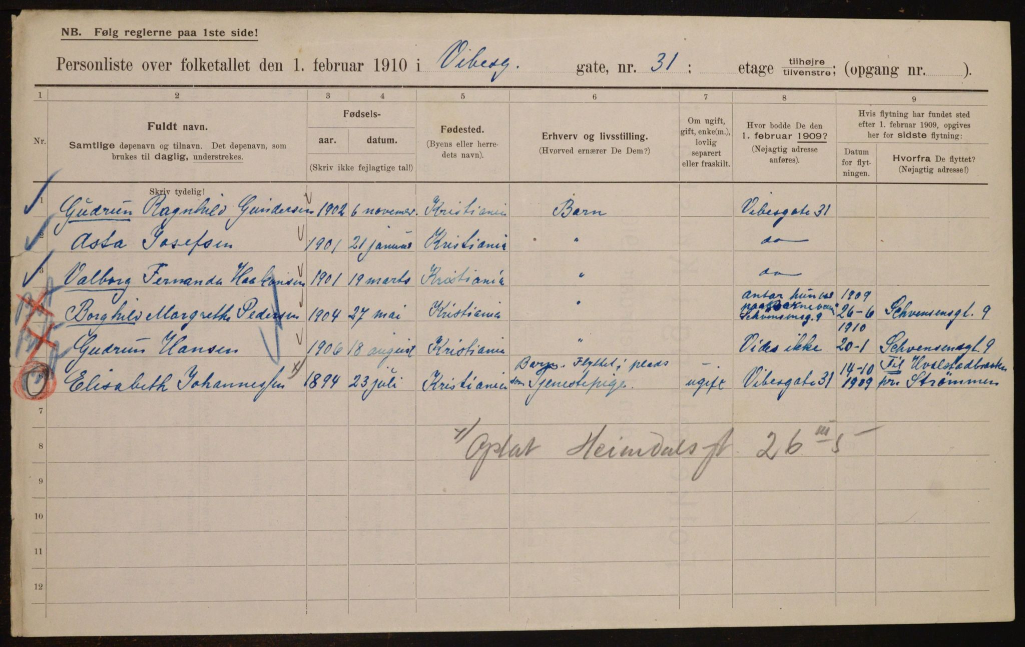 OBA, Kommunal folketelling 1.2.1910 for Kristiania, 1910, s. 117085