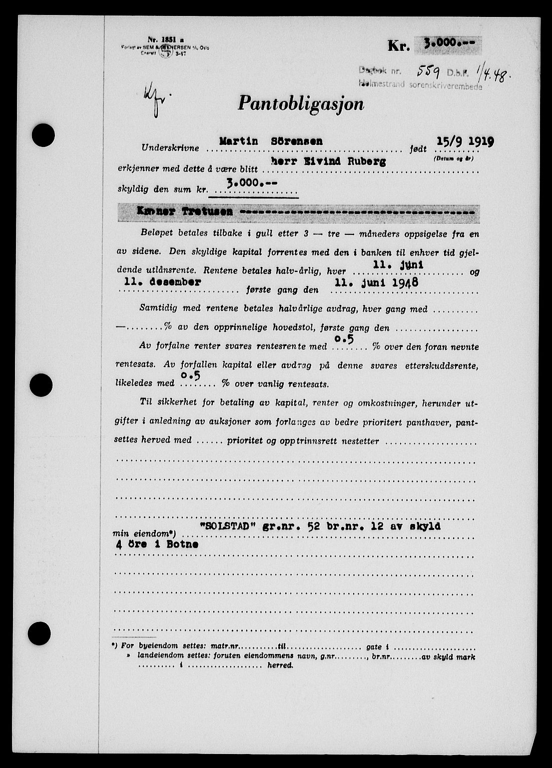 Holmestrand sorenskriveri, SAKO/A-67/G/Ga/Gab/L0058: Pantebok nr. B-58, 1947-1948, Dagboknr: 559/1948