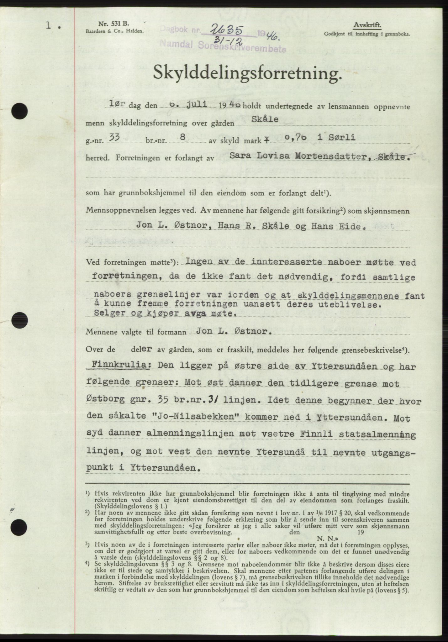Namdal sorenskriveri, SAT/A-4133/1/2/2C: Pantebok nr. -, 1946-1947, Dagboknr: 2635/1946