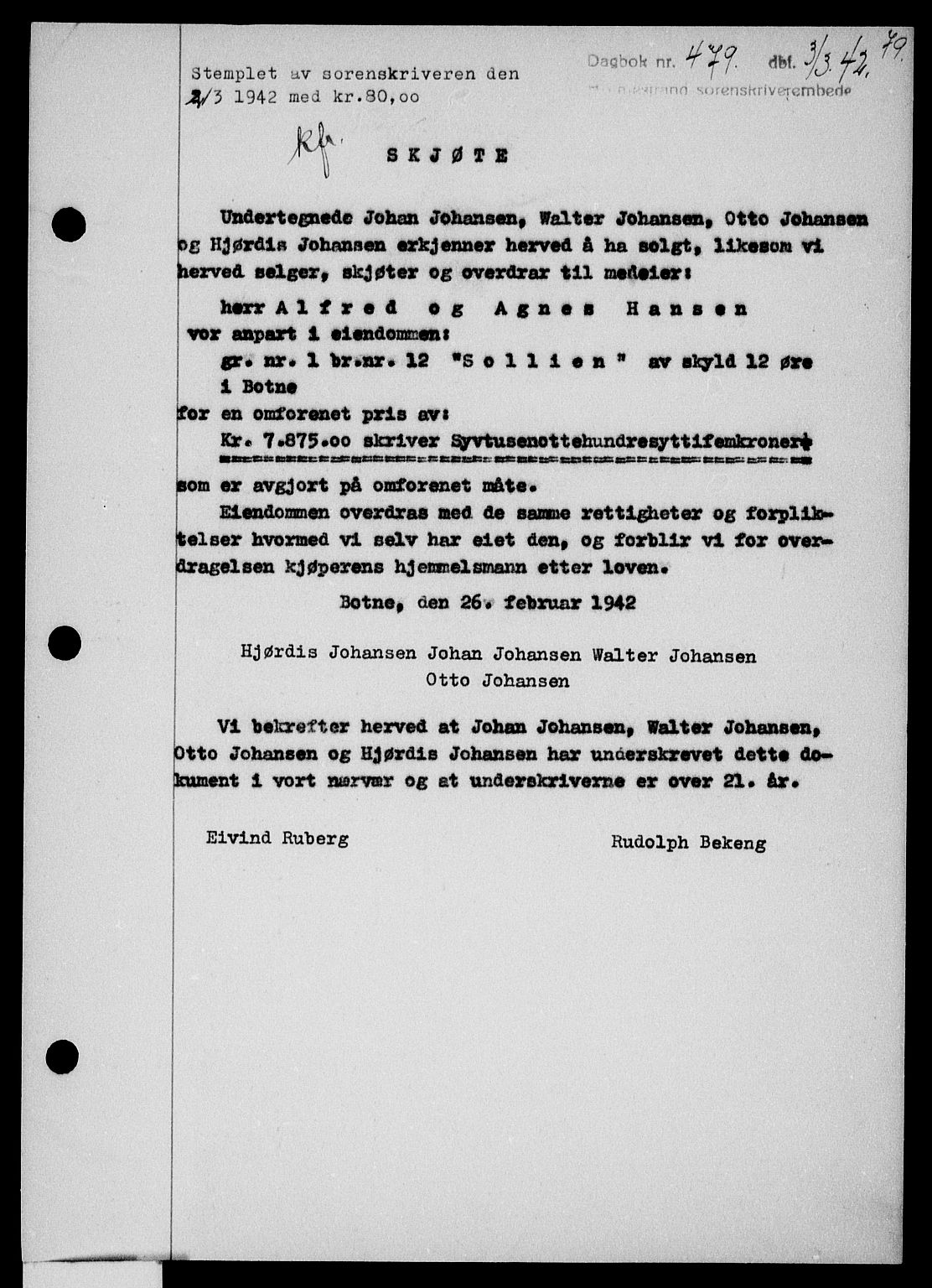 Holmestrand sorenskriveri, SAKO/A-67/G/Ga/Gaa/L0055: Pantebok nr. A-55, 1942-1942, Dagboknr: 479/1942