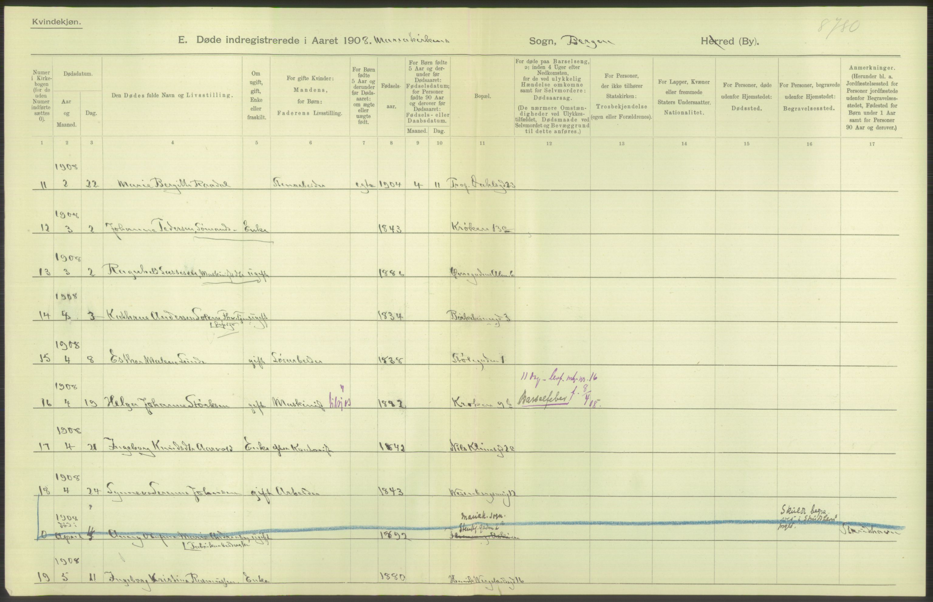Statistisk sentralbyrå, Sosiodemografiske emner, Befolkning, AV/RA-S-2228/D/Df/Dfa/Dfaf/L0031: Bergen: Gifte, døde, dødfødte., 1908, s. 78