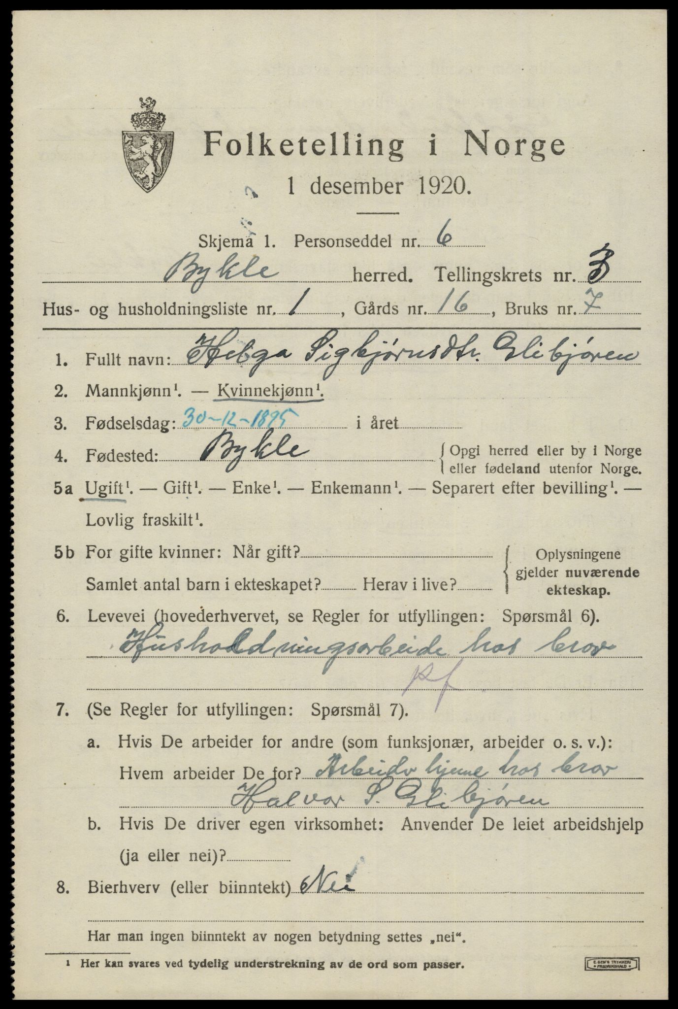 SAK, Folketelling 1920 for 0941 Bykle herred, 1920, s. 1033