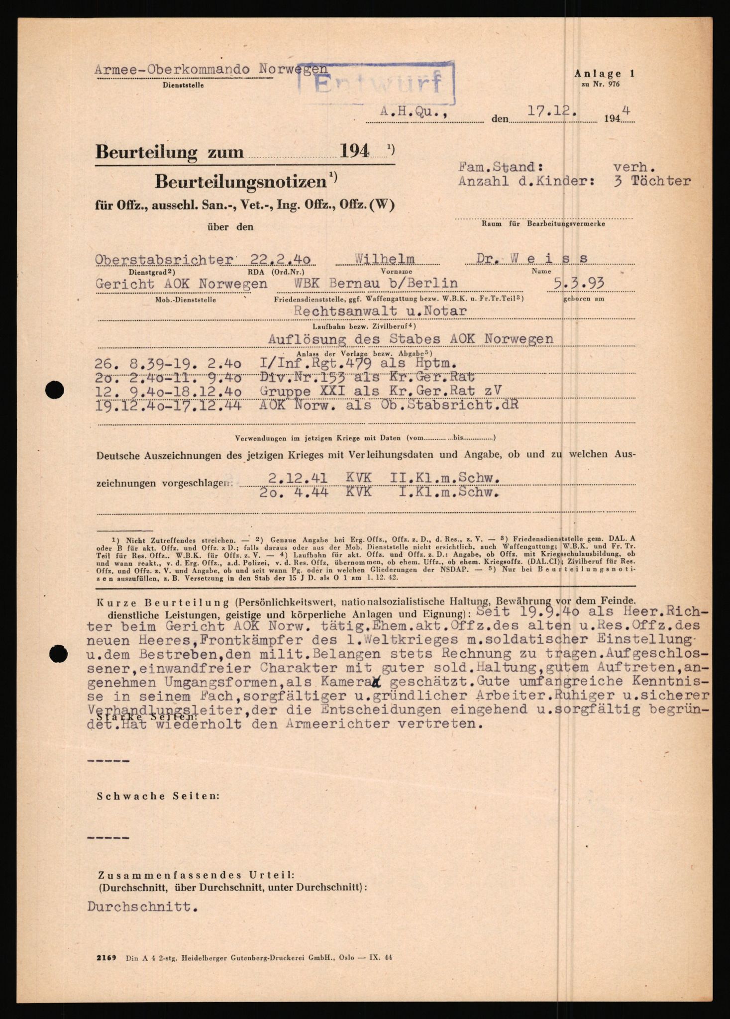 Forsvarets Overkommando. 2 kontor. Arkiv 11.4. Spredte tyske arkivsaker, AV/RA-RAFA-7031/D/Dar/Dara/L0019: Personalbøker og diverse, 1940-1945, s. 616