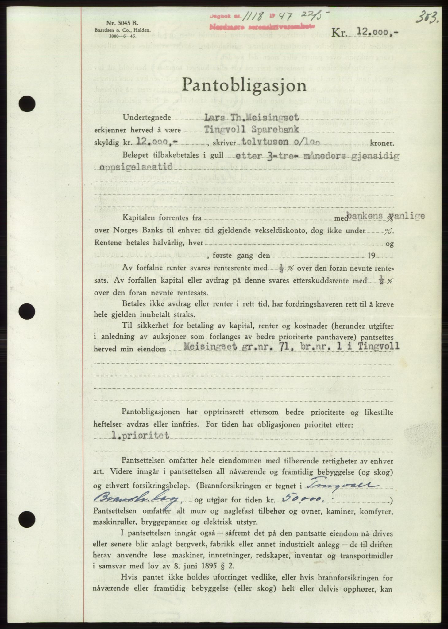 Nordmøre sorenskriveri, AV/SAT-A-4132/1/2/2Ca: Pantebok nr. B96, 1947-1947, Dagboknr: 1118/1947