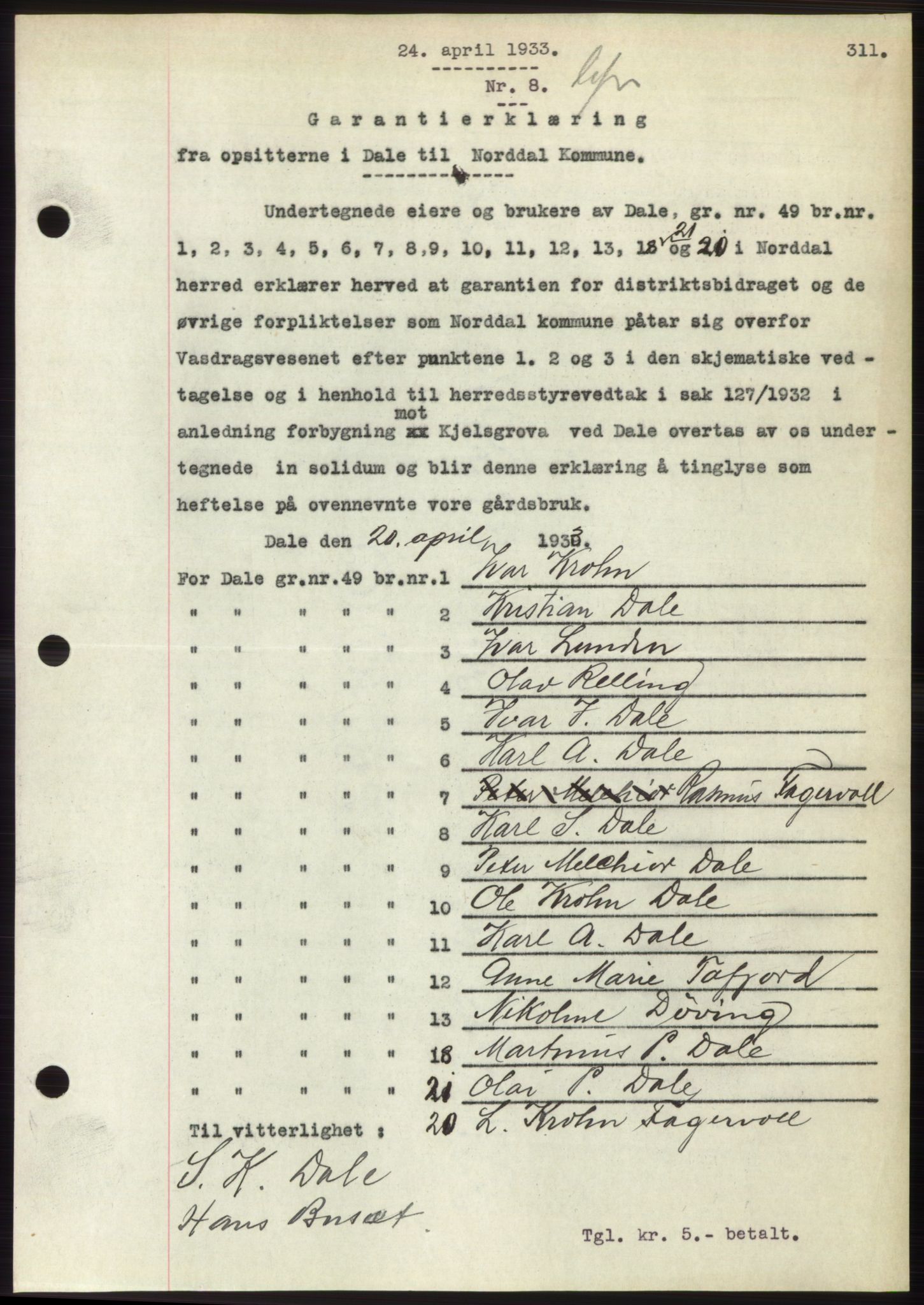 Nordre Sunnmøre sorenskriveri, AV/SAT-A-0006/1/2/2C/2Ca/L0052: Pantebok nr. 52, 1933-1933, Tingl.dato: 24.04.1933