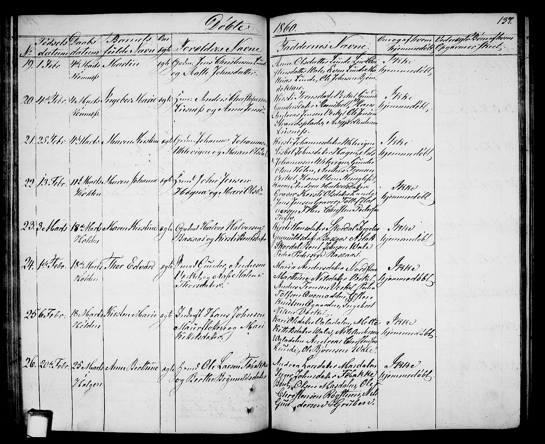 Holla kirkebøker, AV/SAKO-A-272/G/Ga/L0003: Klokkerbok nr. I 3, 1849-1866, s. 137