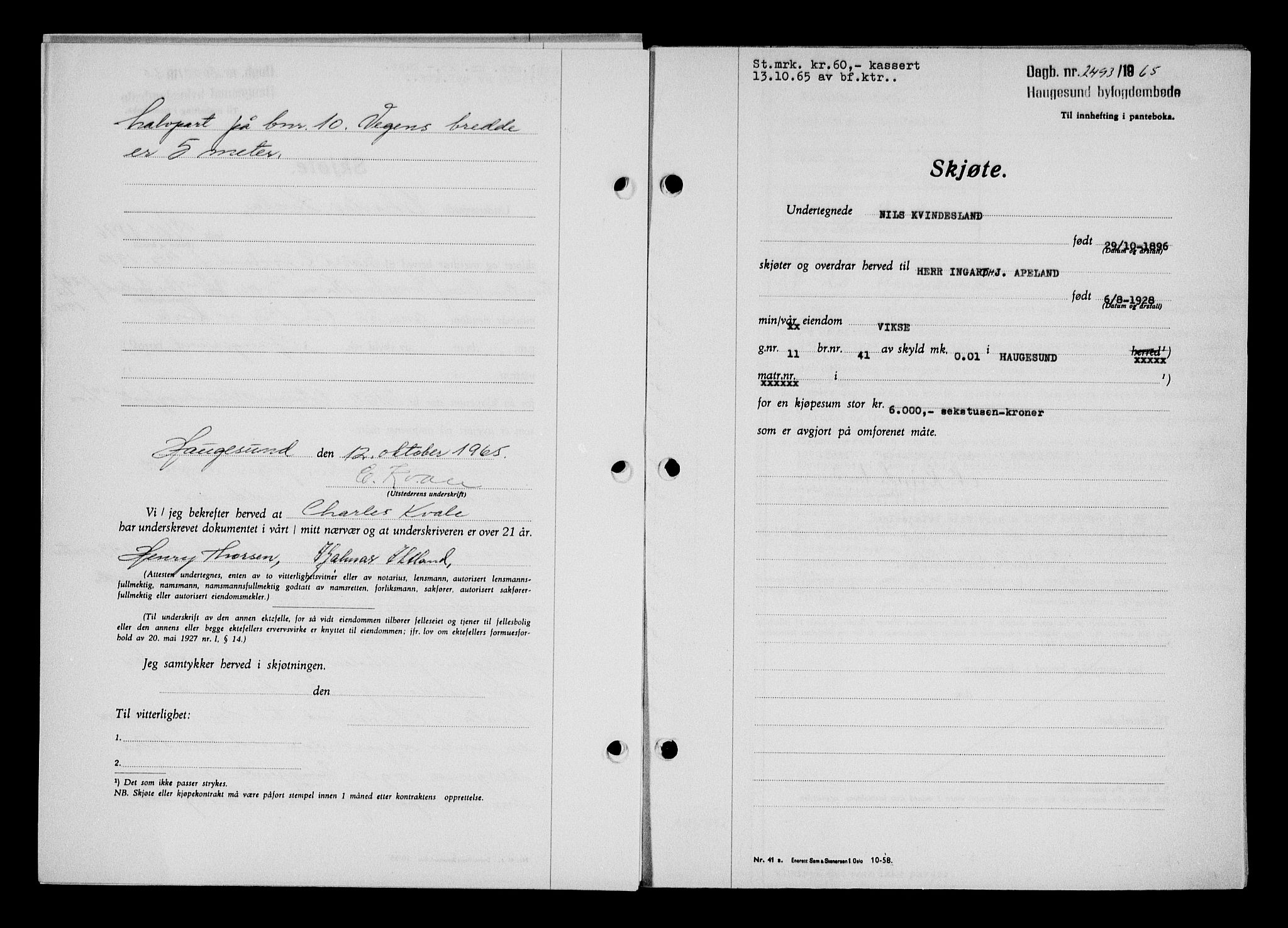 Haugesund tingrett, AV/SAST-A-101415/01/II/IIC/L0076: Pantebok nr. A 17, 1965-1966, Dagboknr: 2493/1965