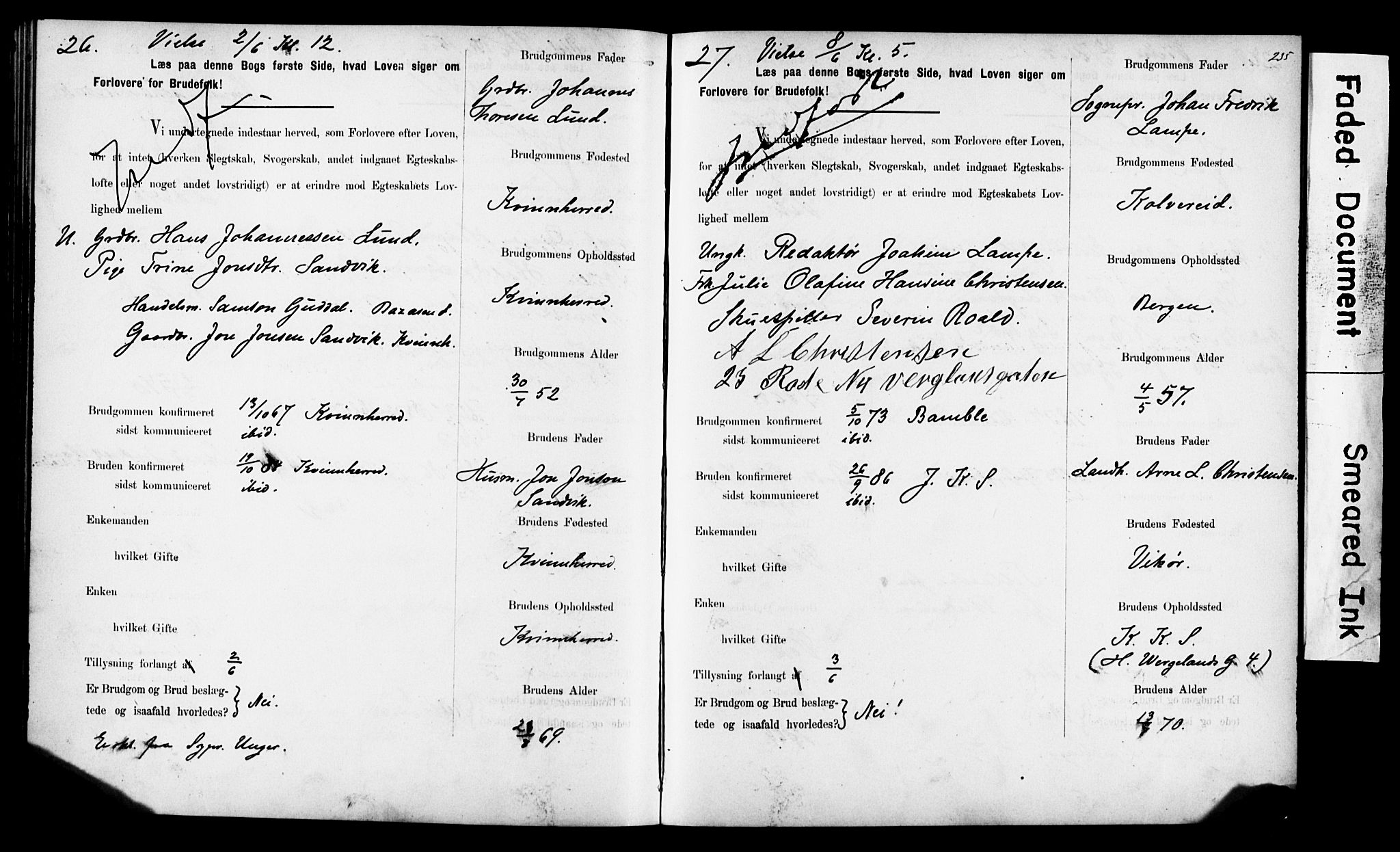 Korskirken sokneprestembete, AV/SAB-A-76101: Forlovererklæringer nr. II.5.6, 1889-1898, s. 235