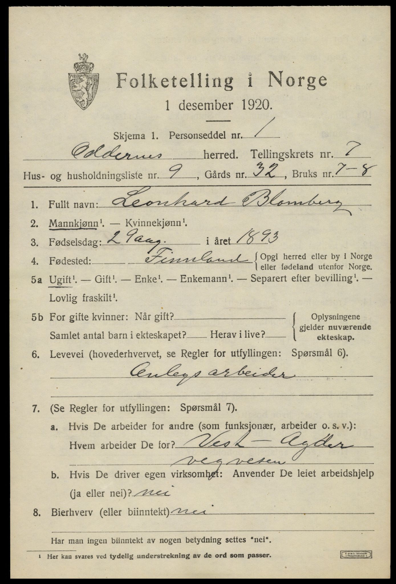 SAK, Folketelling 1920 for 1012 Oddernes herred, 1920, s. 5437